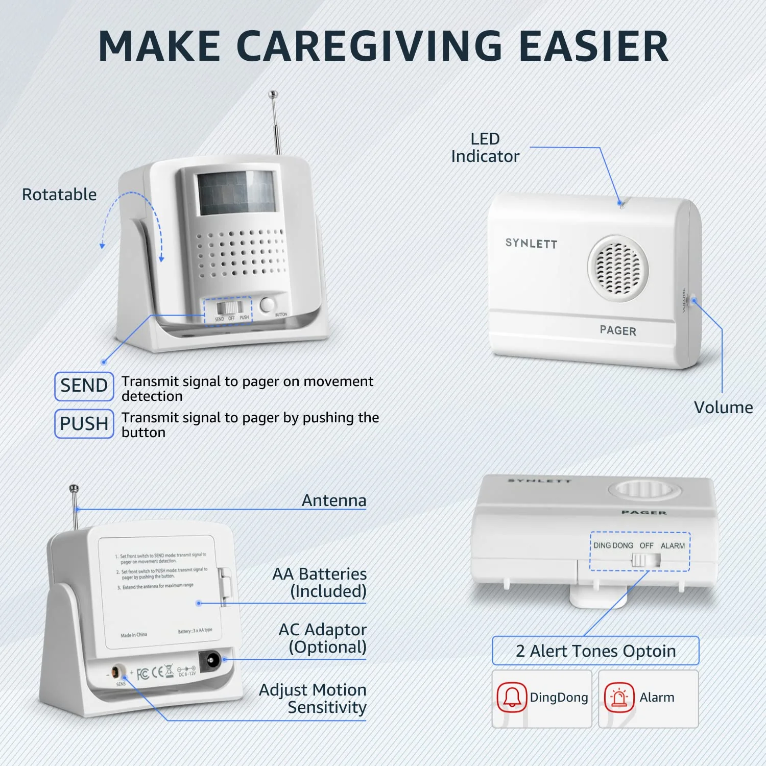 Caregiver Pager Wireless Call Buttons Motion Sensor Alarm Indoor for Elderly Monitoring Fall Prevention Bed Alarm Alert System Portable Nurse Call for Seniors Dementia Patients Emergency 3 Transmitters 1 Receiver - Image 5