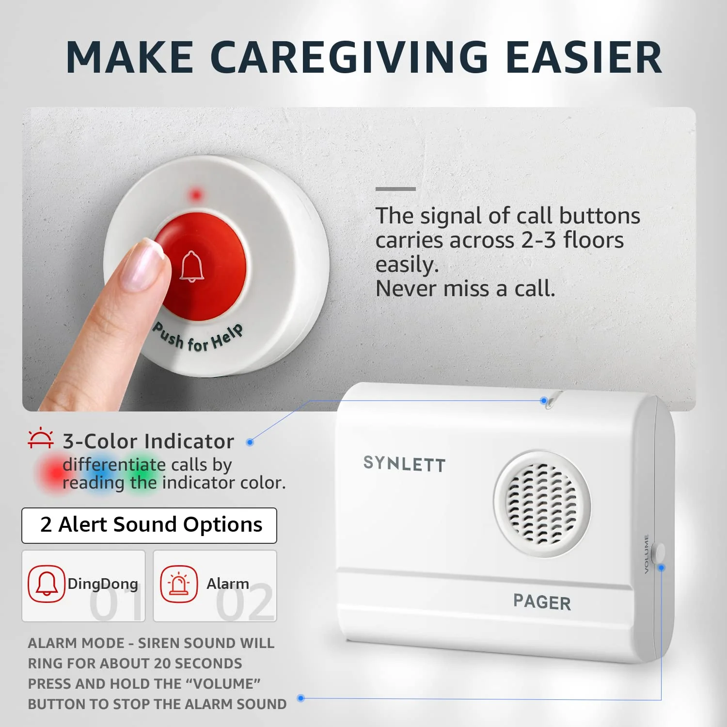 Caregiver Pager Wireless Nurse Call Button for Elderly Monitoring SOS Alert System Portable Alarm Call Bell for Home Care Seniors Patients Emergency 3 Call Buttons 2 Pagers - Image 3
