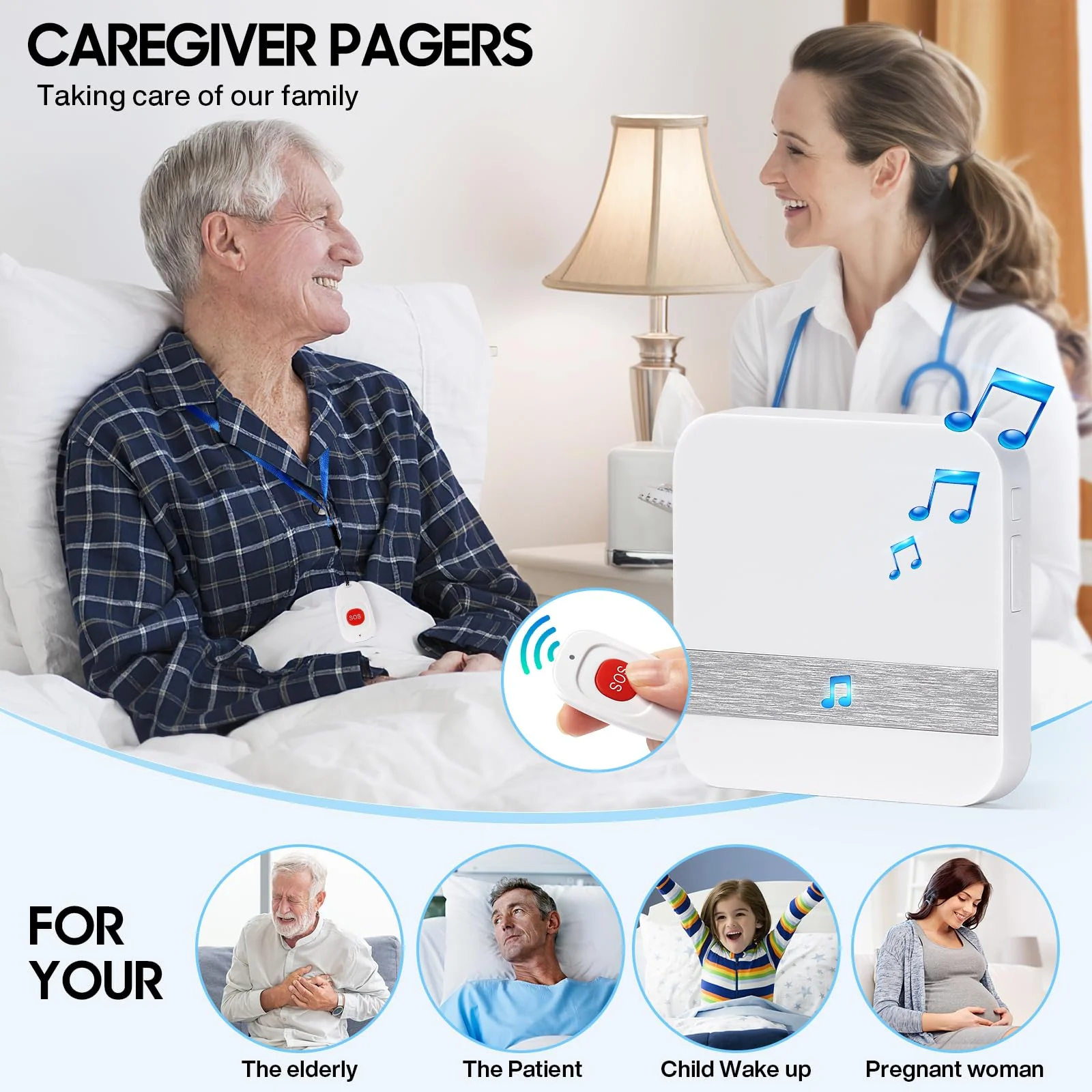 Caregiver Pagers Wireless Call Button for Elderly Patient Personal in Home Life Alert System for Seniors Range 260ft/80Menter,60 Ringtones (3 Call Buttons + 2 Receivers) 3 call buttons + 2 receivers - Image 2