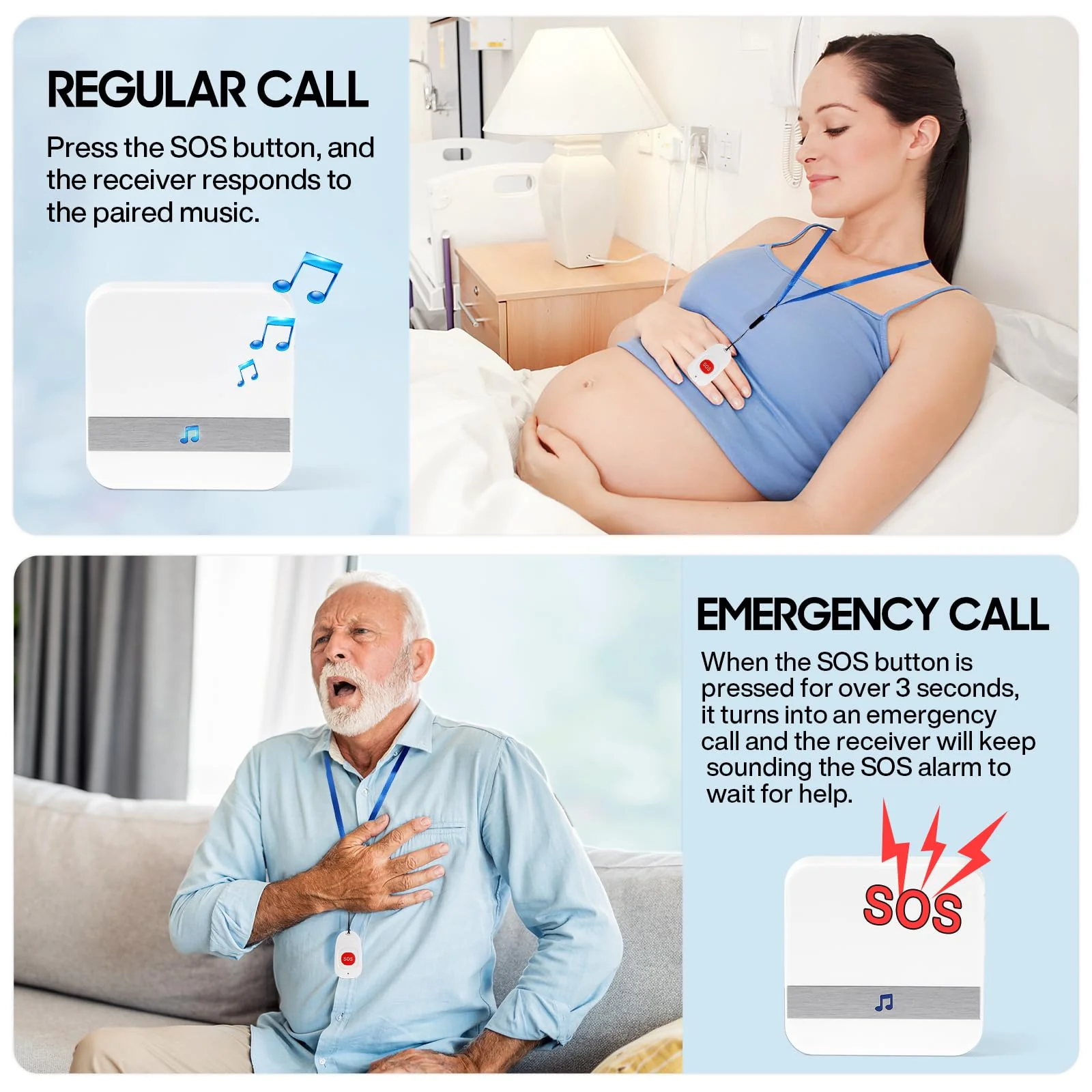 Caregiver Pagers Wireless Call Button for Elderly Patient Personal in Home Life Alert System for Seniors Range 260ft/80Menter,60 Ringtones (3 Call Buttons + 2 Receivers) 3 call buttons + 2 receivers - Image 3