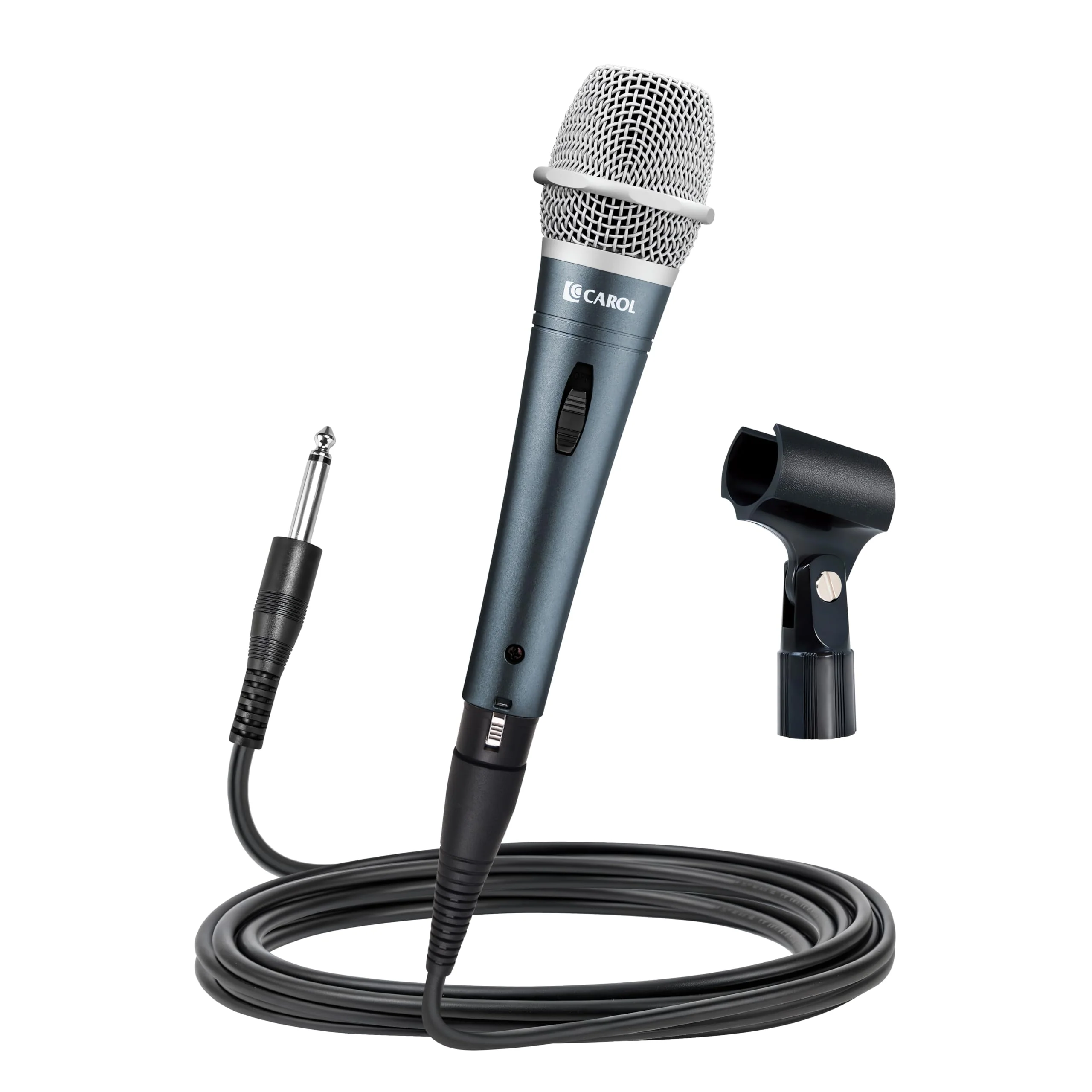 CAROL E dur-916S Silver XLR Wired Vocal Microphone for Singing – Dynamic Supercardioid Mic with Dual Shock Mount System for Karaoke & Public Speaking, Includes Mic Clip, 14.8ft XLR Cable & Switch