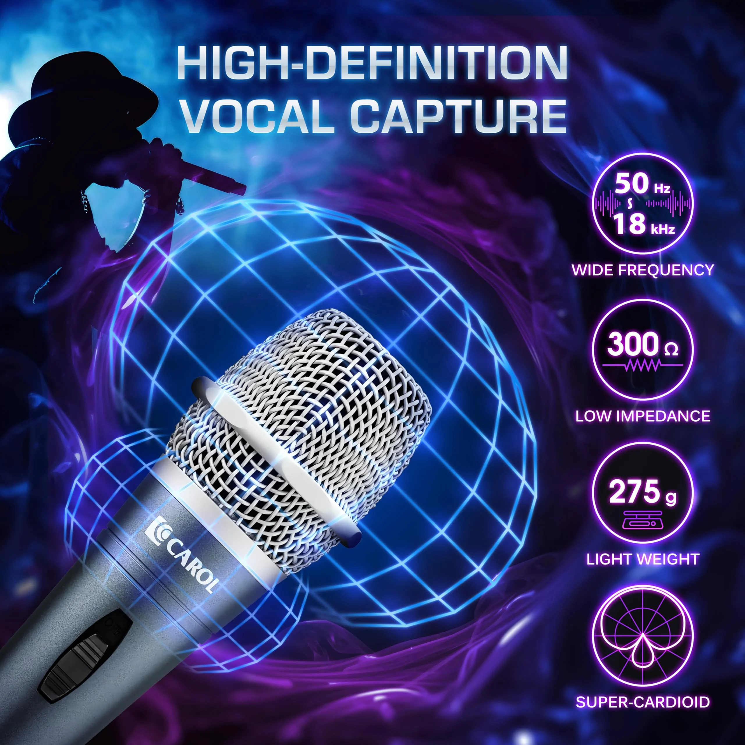 CAROL E dur-916S Silver XLR Wired Vocal Microphone for Singing – Dynamic Supercardioid Mic with Dual Shock Mount System for Karaoke & Public Speaking, Includes Mic Clip, 14.8ft XLR Cable & Switch - Image 2
