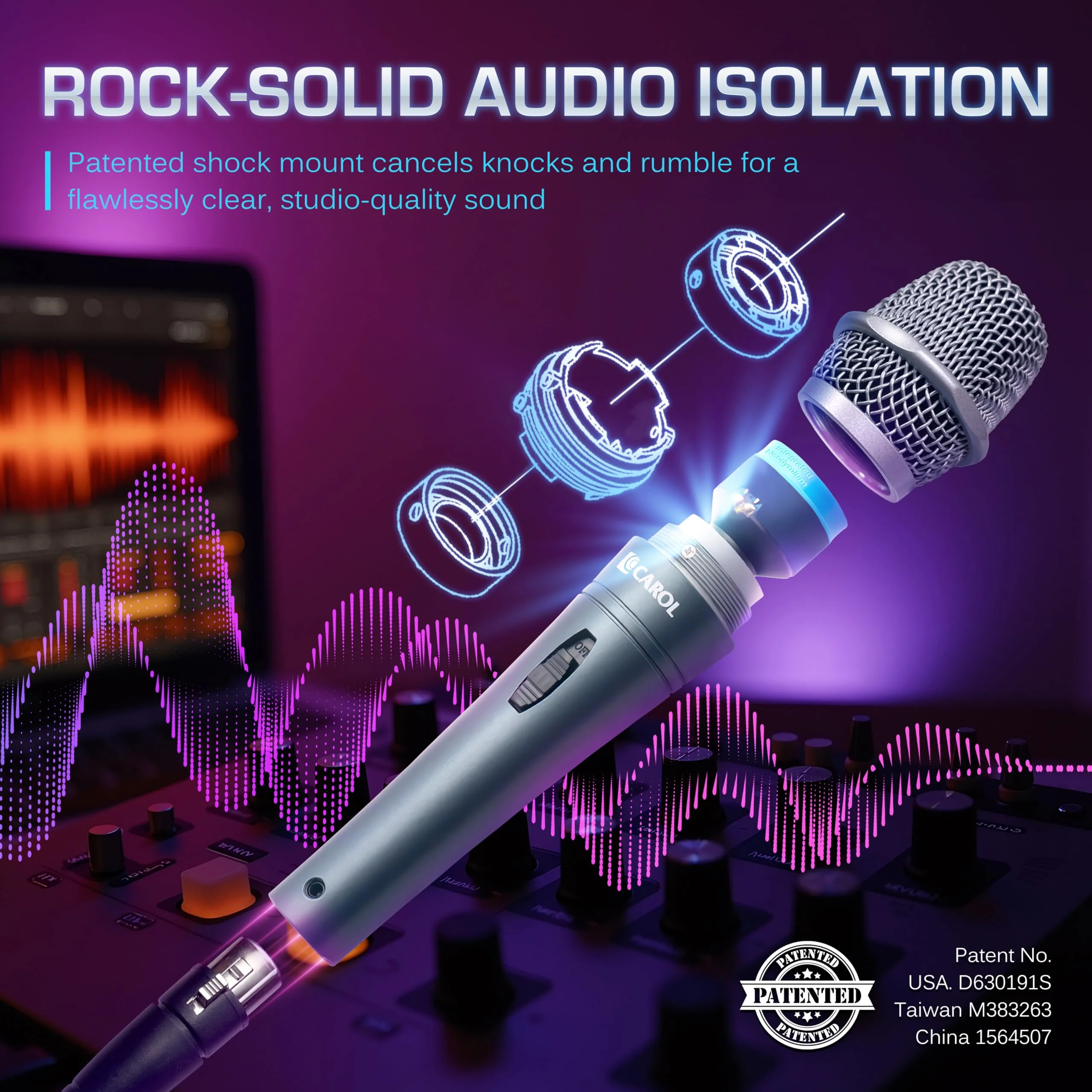 CAROL E dur-916S Silver XLR Wired Vocal Microphone for Singing – Dynamic Supercardioid Mic with Dual Shock Mount System for Karaoke & Public Speaking, Includes Mic Clip, 14.8ft XLR Cable & Switch - Image 3