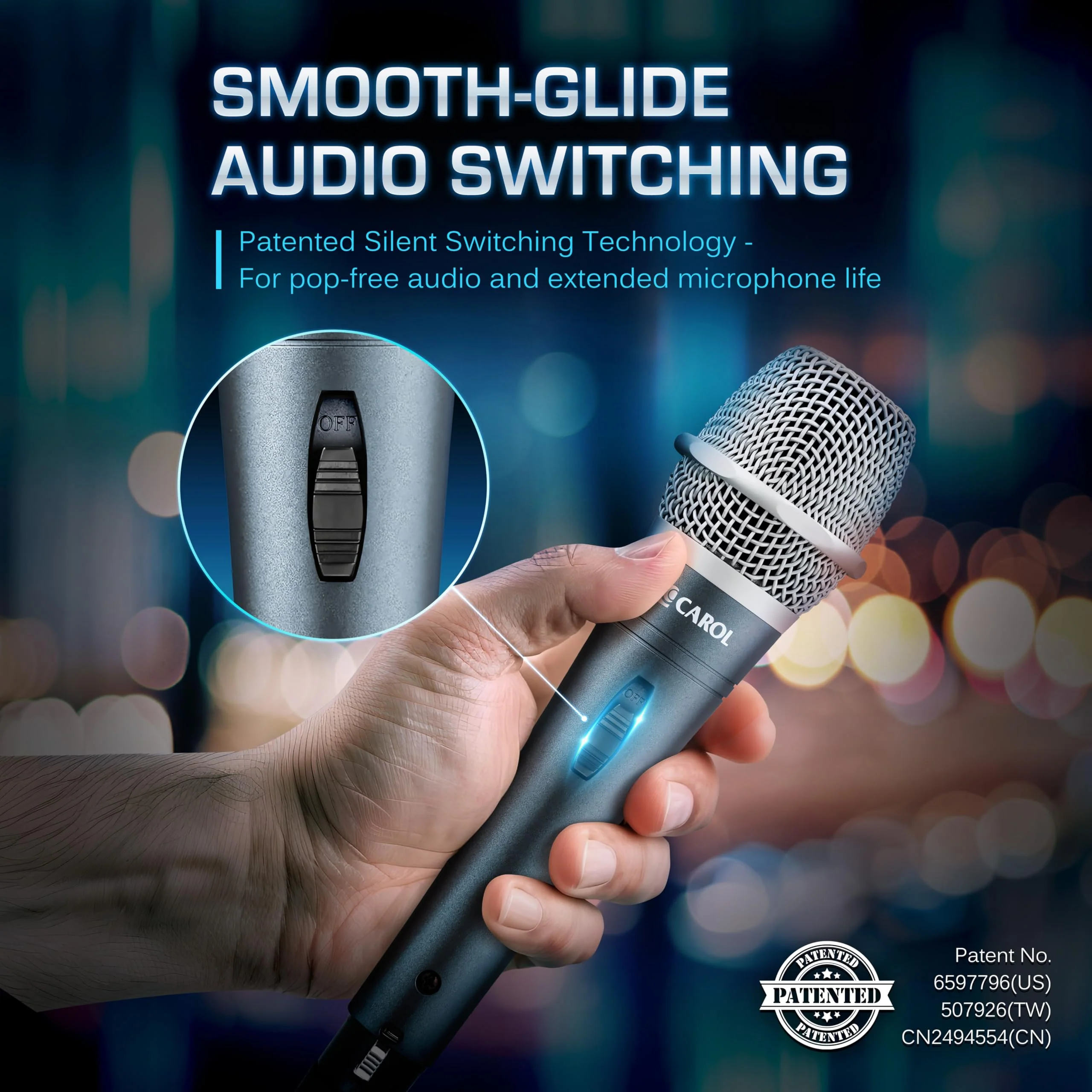 CAROL E dur-916S Silver XLR Wired Vocal Microphone for Singing – Dynamic Supercardioid Mic with Dual Shock Mount System for Karaoke & Public Speaking, Includes Mic Clip, 14.8ft XLR Cable & Switch - Image 5