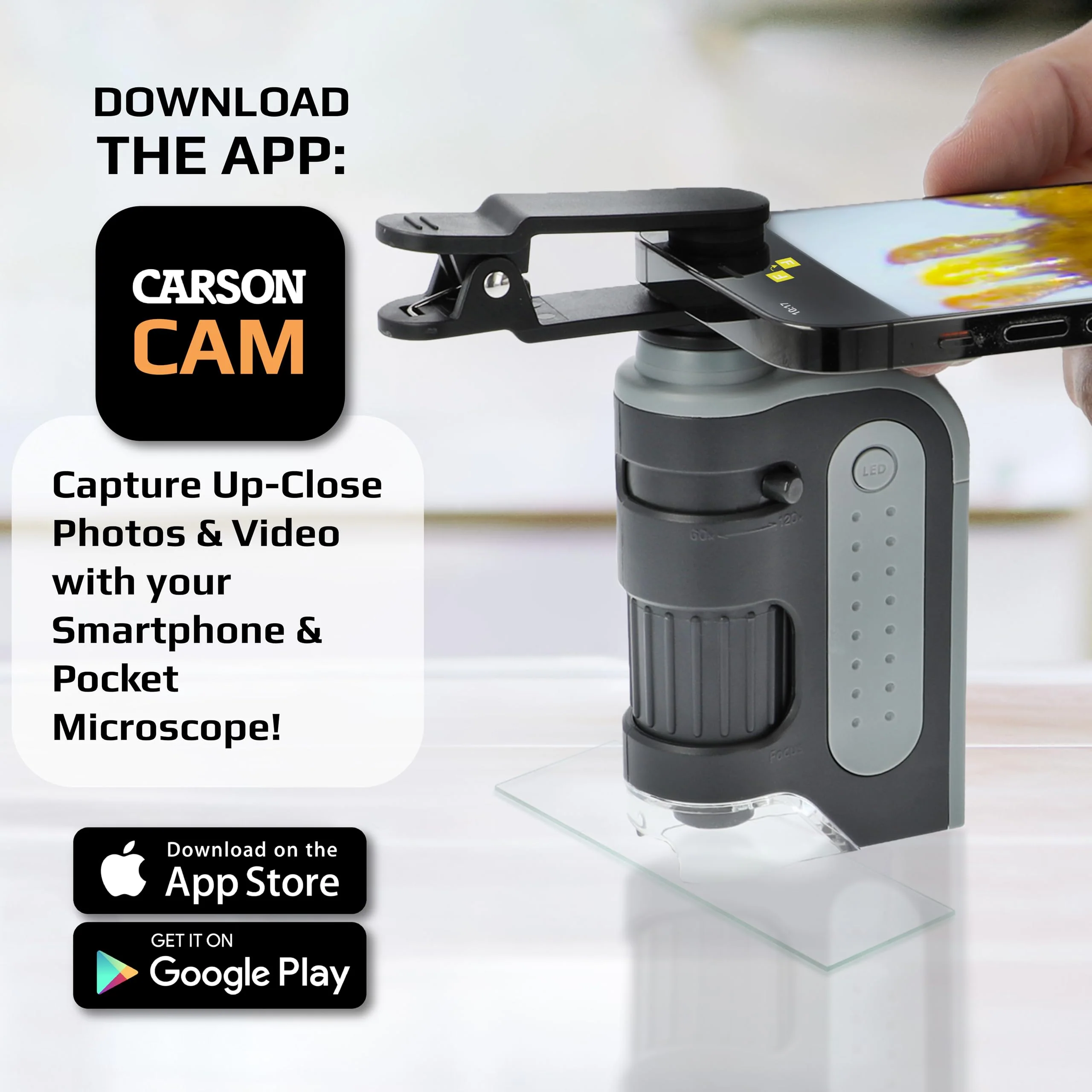 Carson MicroBrite Microscope Kit, 60x-120x LED Pocket Microscope for Adults or STEM Education, Pro Includes Adapter with CarsonCam Phone App Converts into Powerful Handheld Digital Microscope (MM-350) 1 MicroBrite + Smartphone Clip (MM-350) - Image 3
