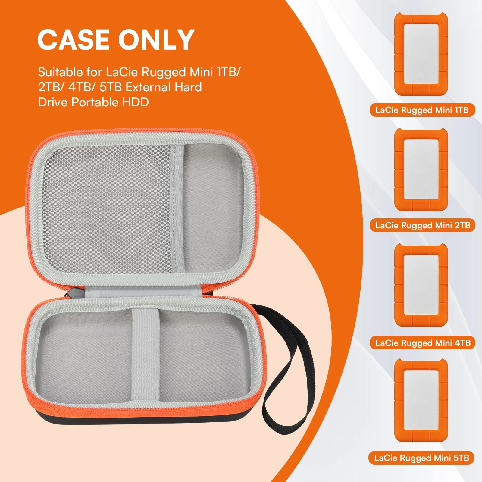 Case Compatible with LaCie Rugged Mini 1TB/ 2TB/ 4TB/ 5TB External Hard Drive Portable HDD, Carring Case Storage Holder for Hard Drives for Mac and PC Computer, Orange (Case Only) - Image 2