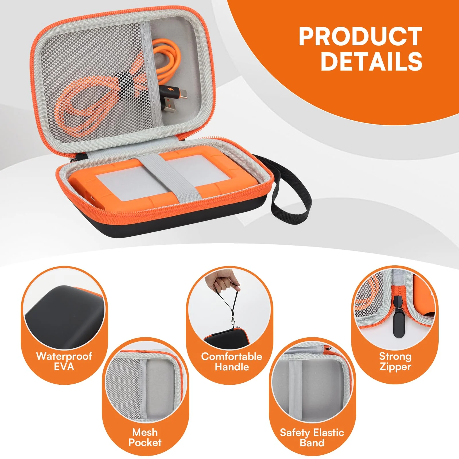 Case Compatible with LaCie Rugged Mini 1TB/ 2TB/ 4TB/ 5TB External Hard Drive Portable HDD, Carring Case Storage Holder for Hard Drives for Mac and PC Computer, Orange (Case Only) - Image 4
