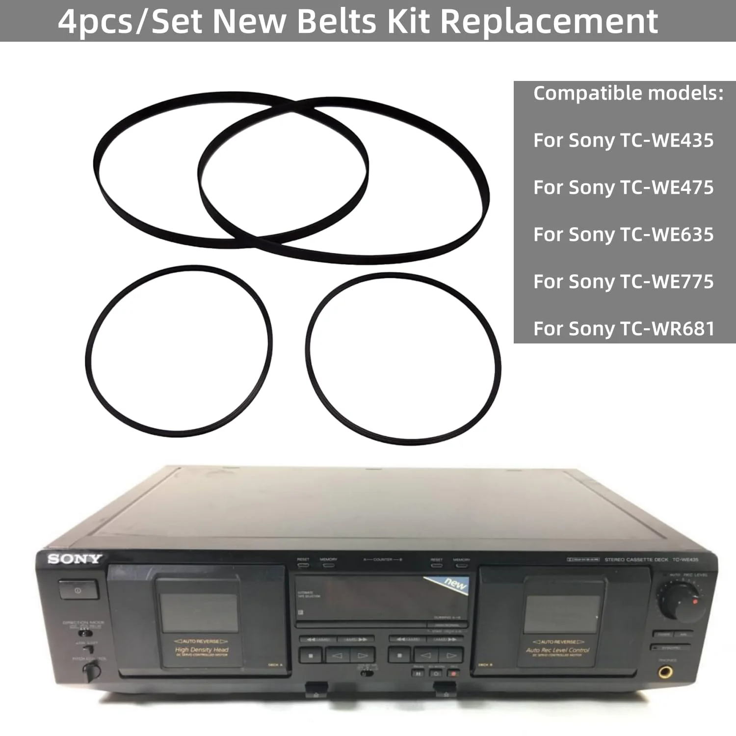 Cassette Deck Belt Kit (4-Pack) - Premium Replacement Belts for Sony TC-WE435/TC-WE475/TC-WE635/TC-WE775/TC-WR681 Dual Deck Players + Tweezers - Image 3