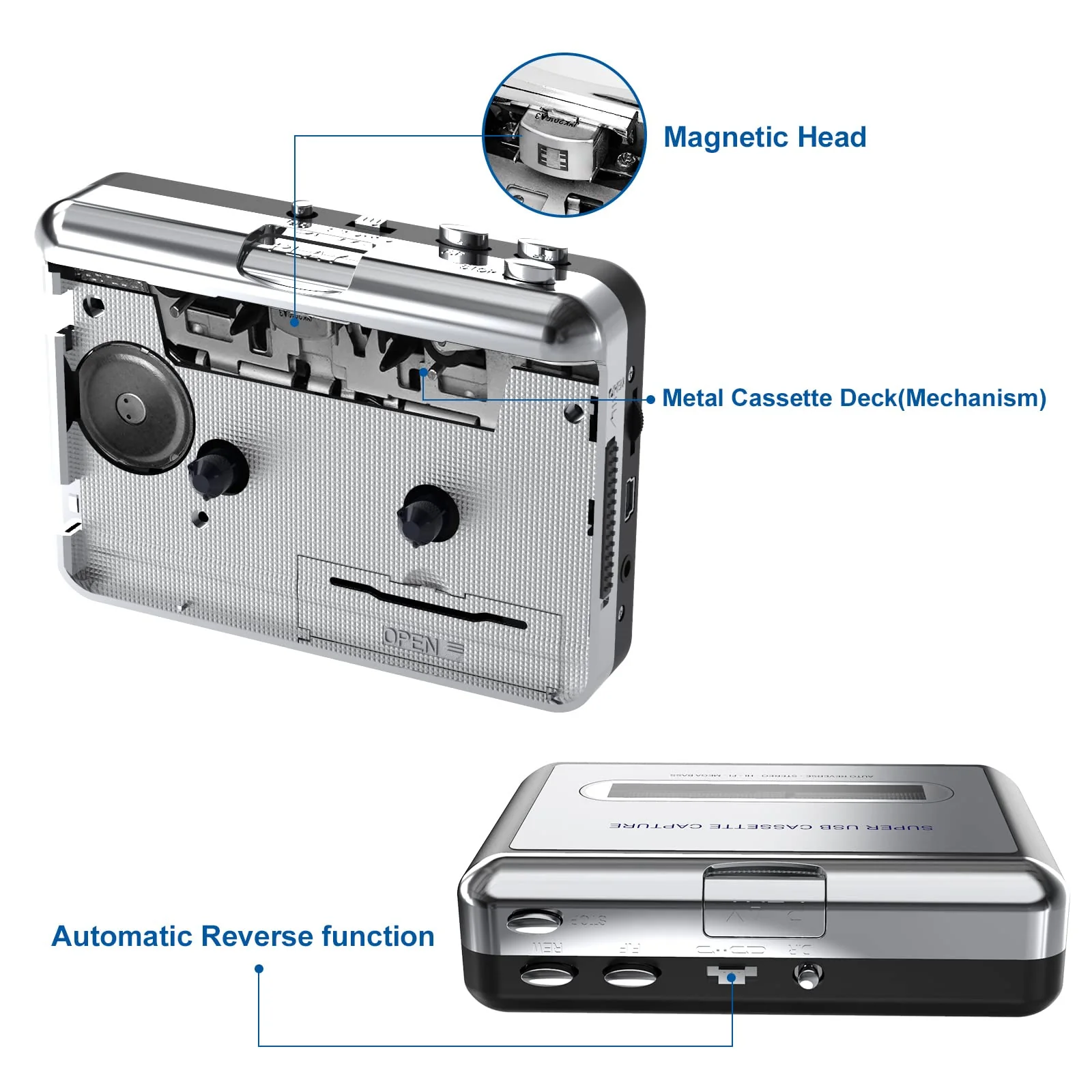 Cassette Player-Cassette Tape to MP3 CD Converter- Powered by Battery or USB,Convert Walkman Tape Cassette to MP3, Compatible with Laptop and PC, USB Cable,Software CD,3.5mm Jack Earphone GRAY - Image 2