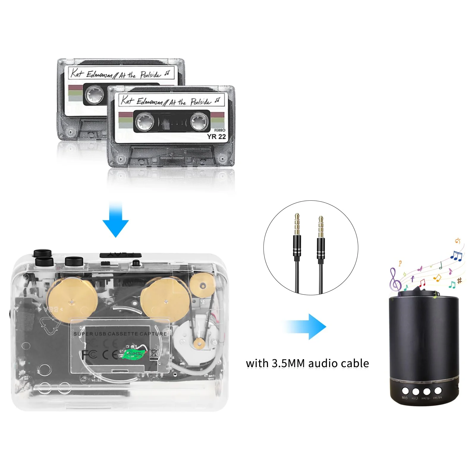 Cassette Player-Cassette to MP3 Converter with Tape Converter Software- Auto Reverse ＆Clear Stereo Cassette Tape Player-Built-in Cool Copper Wheel Movement＆Earphone - Image 5