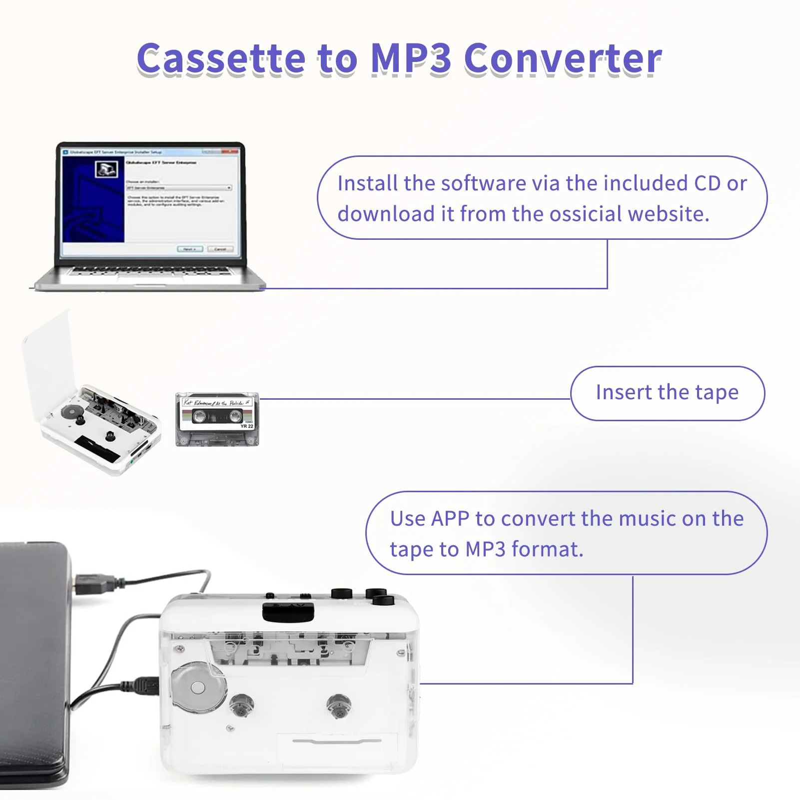 Cassette Player-Cassette to MP3 Converter with Tape Converter Software- Auto Reverse ＆Clear Stereo Cassette Tape Player-Built-in Cool Copper Wheel Movement＆Earphone - Image 7