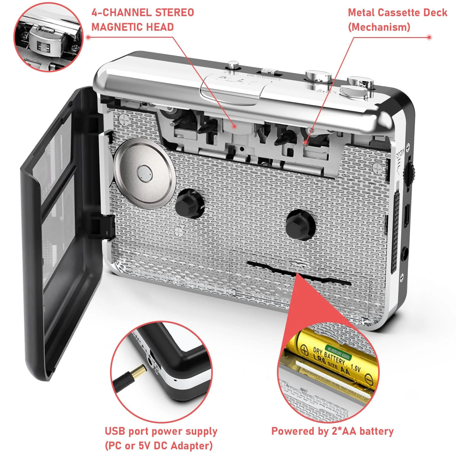 Cassette Player - Compact Tape Player Portable Recorder with Earphone-Convert Audio Music Cassette to MP3 Digital, Compatible with Laptop/PC/MAC- for Entertainment, Travel, Light Sports(Silver) silver - Image 4