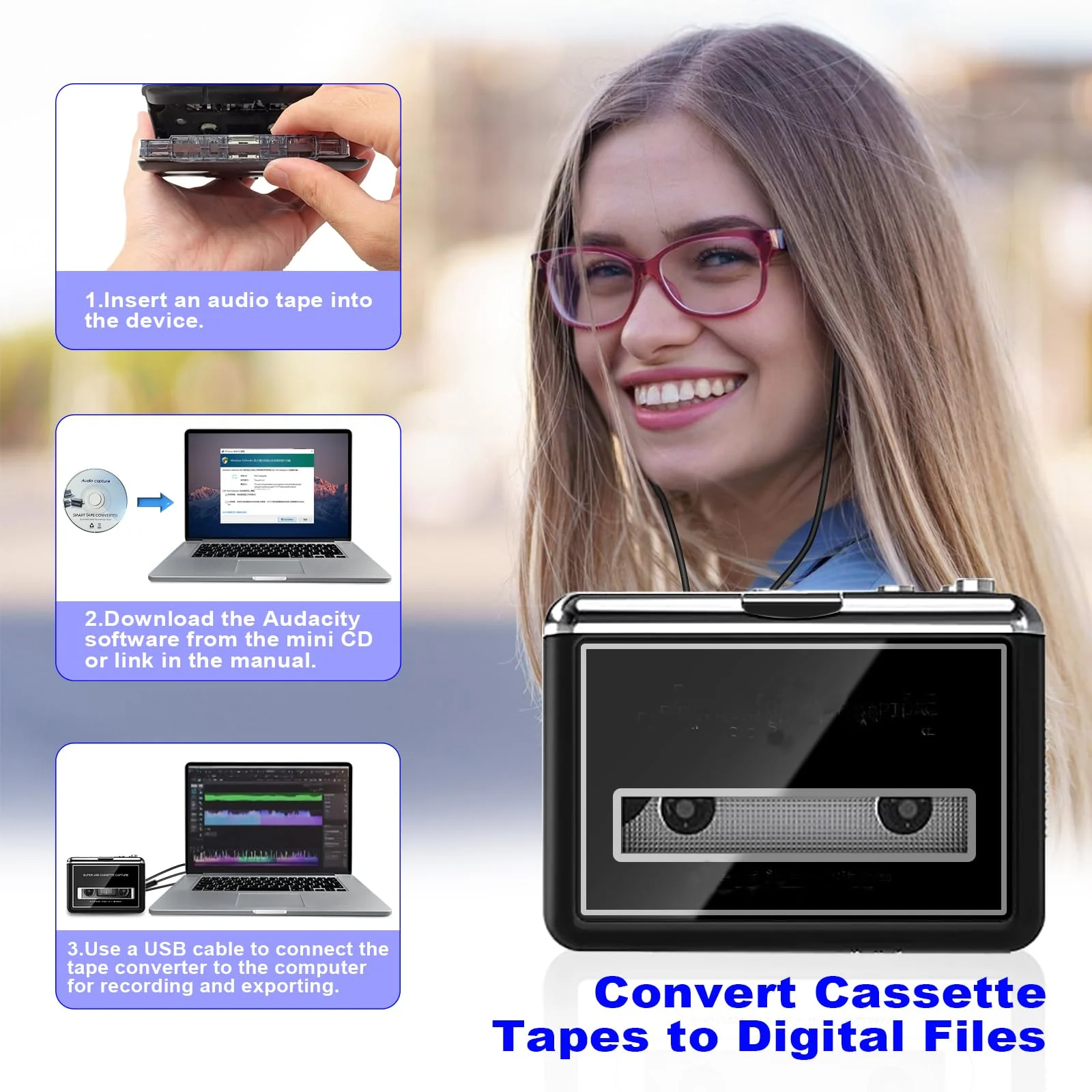 Cassette Player Converter- Convert Tape to Digital MP3 Digital, Portable Tape Player with Auto-Reverse, 3.5MM Earphone Jack Tape Player/Converter - Image 2
