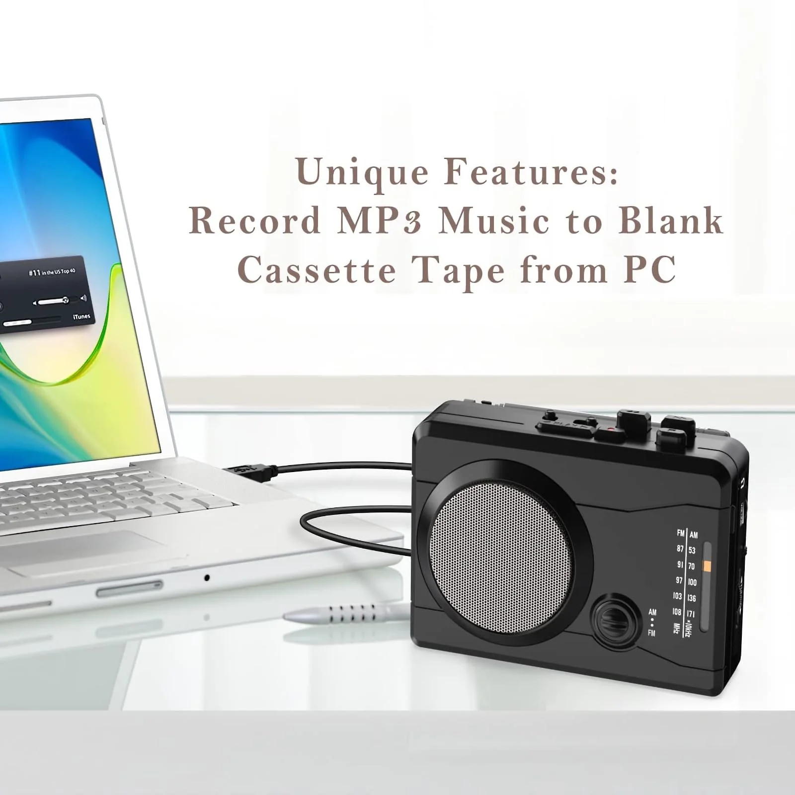 Cassette Player Recorder, Portable Retro Tape Player Audio Recording, AM/FM Radio, Tape to MP3 Converter, Built-in External Speaker,Suitable for Leisure Sports,Entertainment,Everyday Recording(Black) Black - Image 3