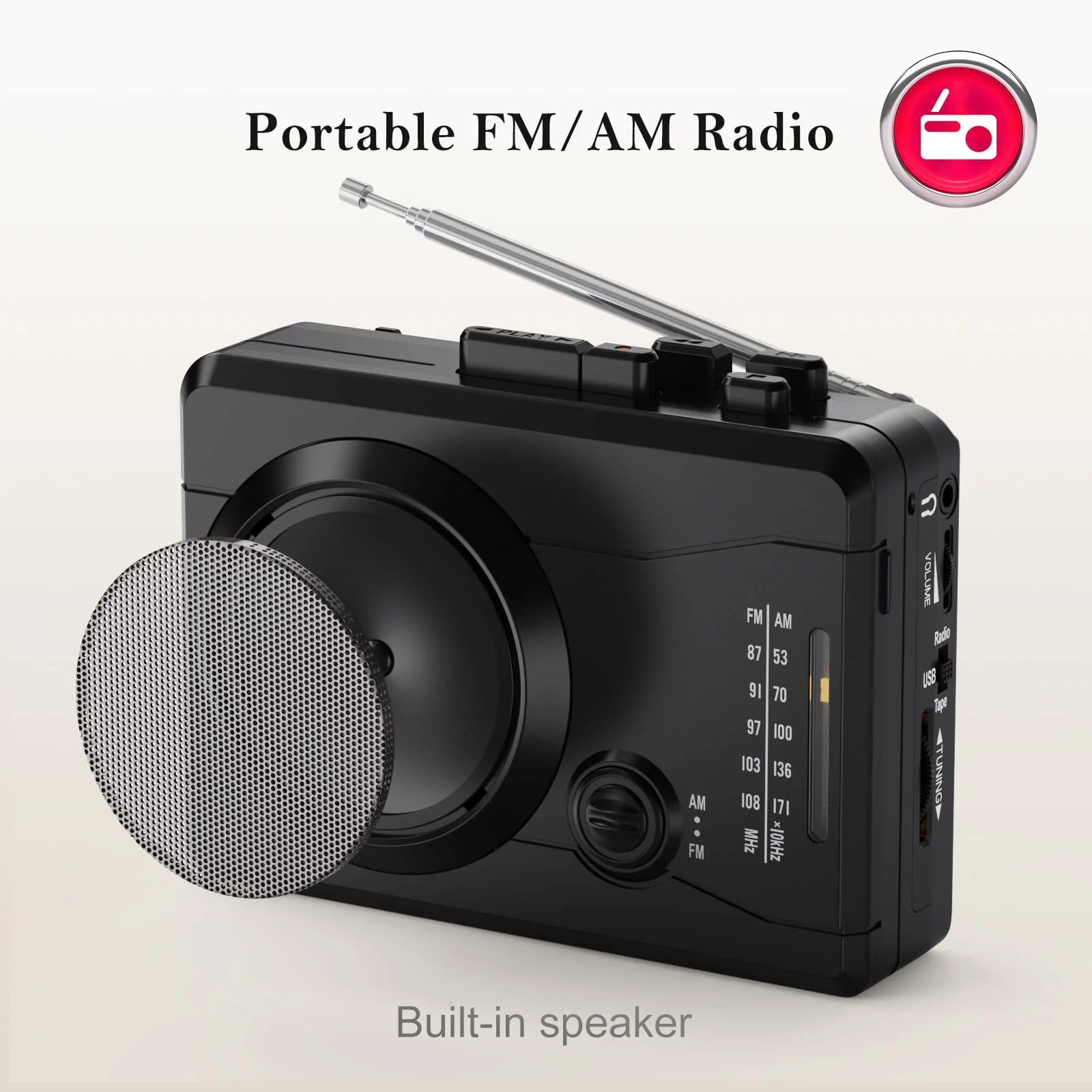 Cassette Player Recorder, Portable Retro Tape Player Audio Recording, AM/FM Radio, Tape to MP3 Converter, Built-in External Speaker,Suitable for Leisure Sports,Entertainment,Everyday Recording(Black) Black - Image 4