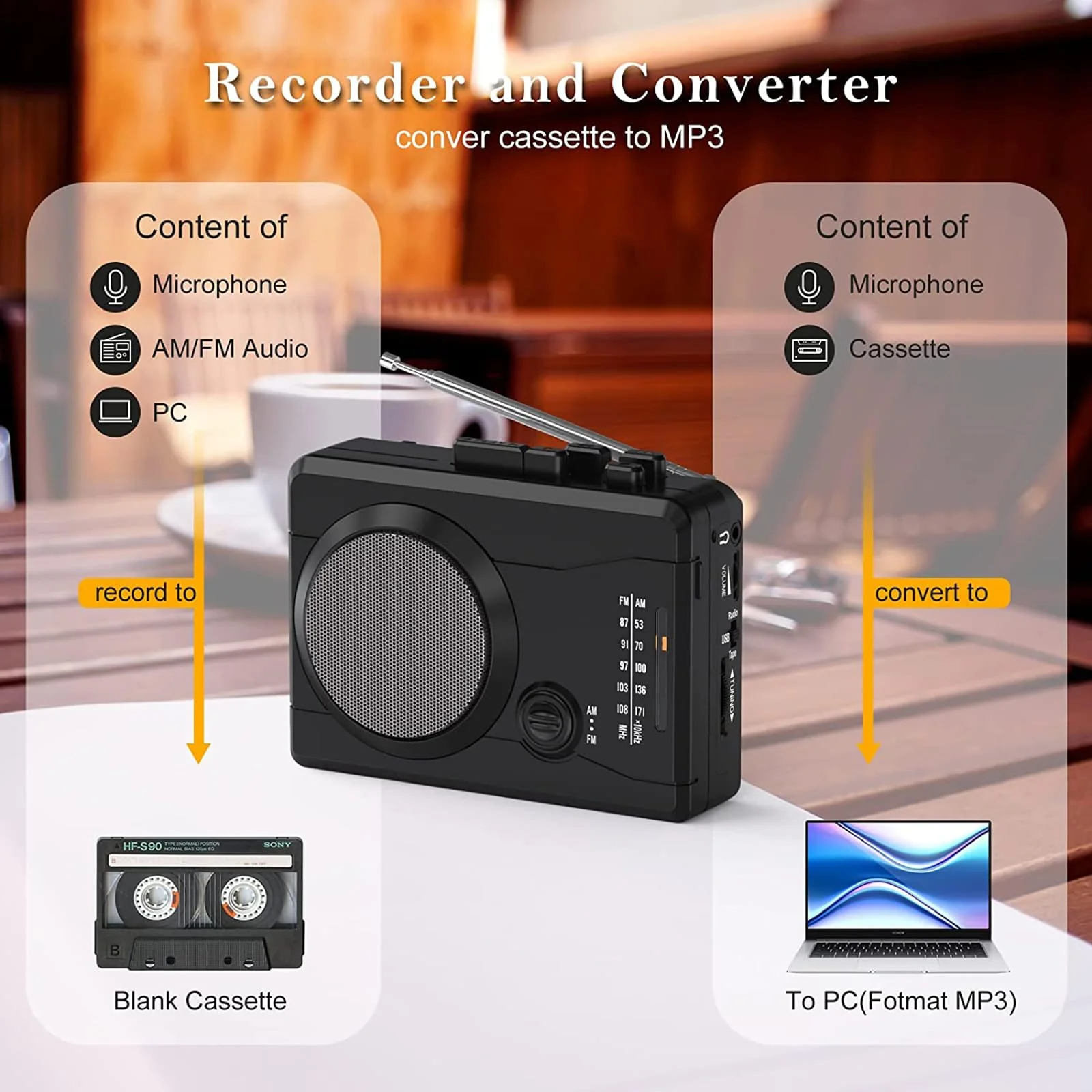 Cassette Player Recorder, Portable Retro Tape Player Audio Recording, AM/FM Radio, Tape to MP3 Converter, Built-in External Speaker,Suitable for Leisure Sports,Entertainment,Everyday Recording(Black) Black - Image 6