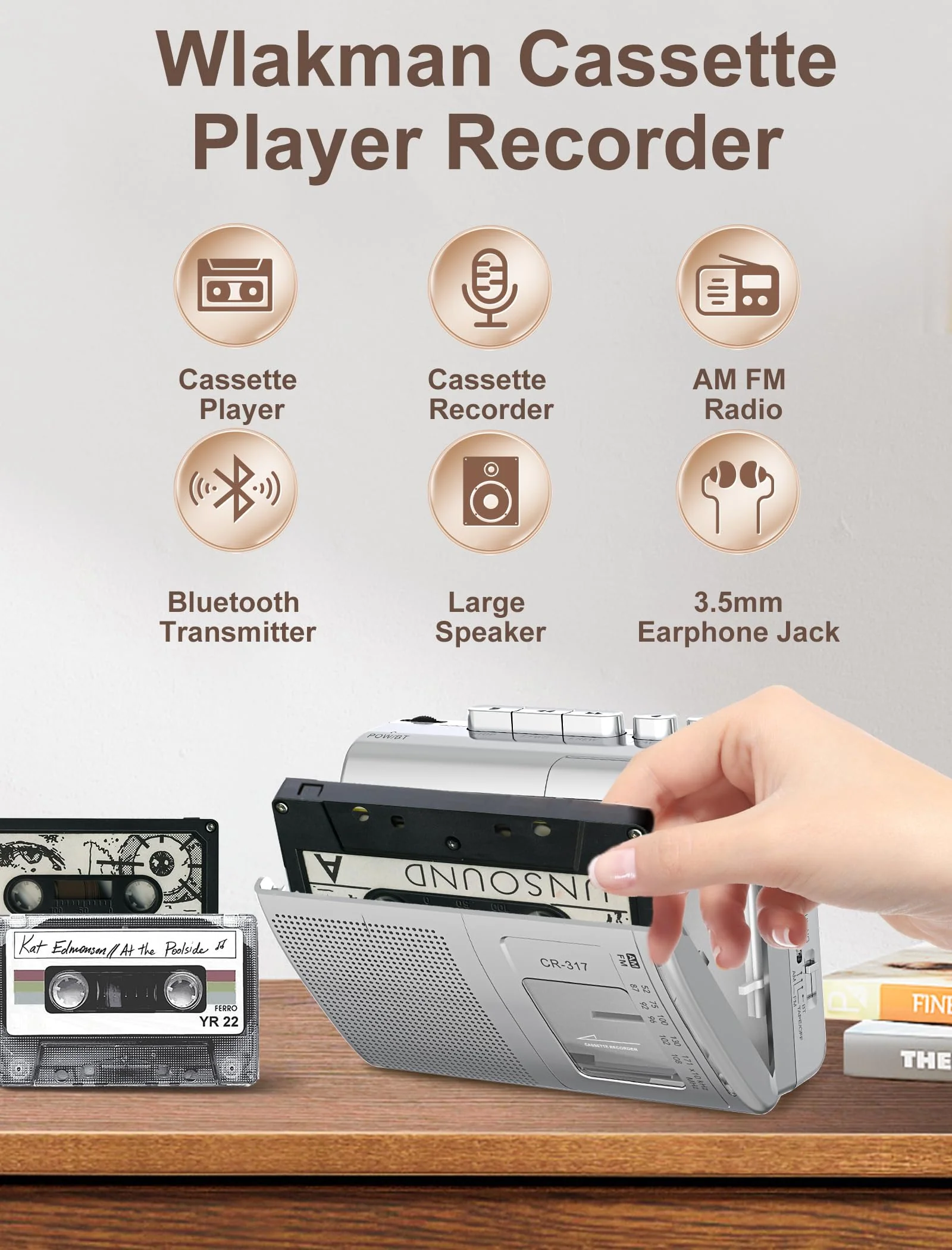 Cassette Player Recorder with Bluetooth Transmitter Walkman, Portable AM FM Cassette Player with Big Speaker, Stereo Earphone Jack, Support Microphone Recording, 2AA Battery or USB Power for Home Silver - Image 2
