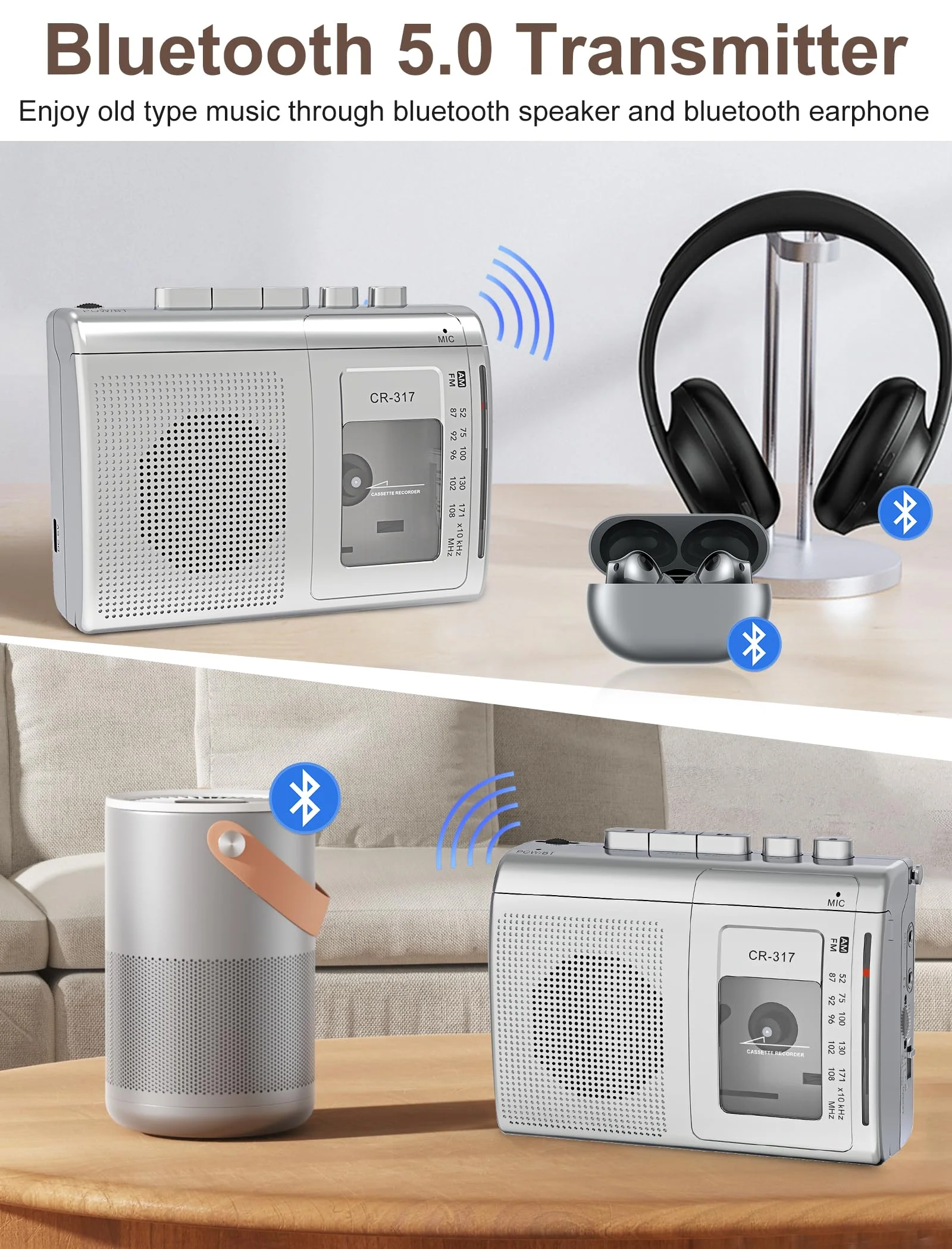 Cassette Player Recorder with Bluetooth Transmitter Walkman, Portable AM FM Cassette Player with Big Speaker, Stereo Earphone Jack, Support Microphone Recording, 2AA Battery or USB Power for Home Silver - Image 3