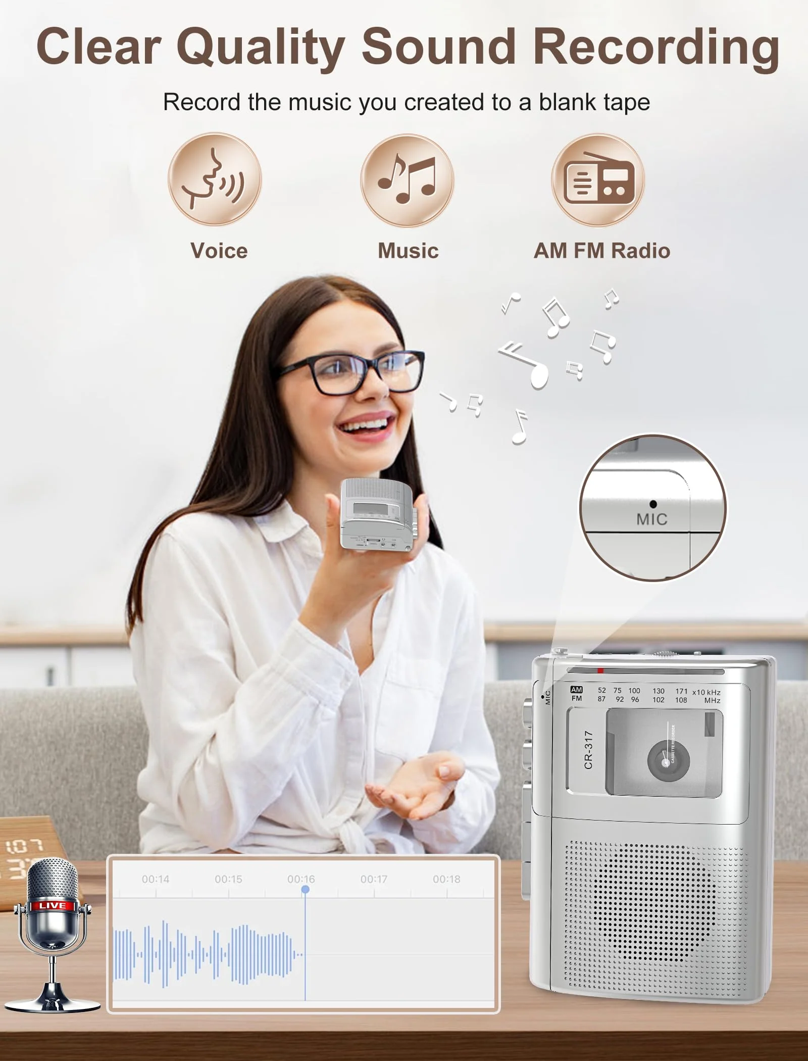 Cassette Player Recorder with Bluetooth Transmitter Walkman, Portable AM FM Cassette Player with Big Speaker, Stereo Earphone Jack, Support Microphone Recording, 2AA Battery or USB Power for Home Silver - Image 4