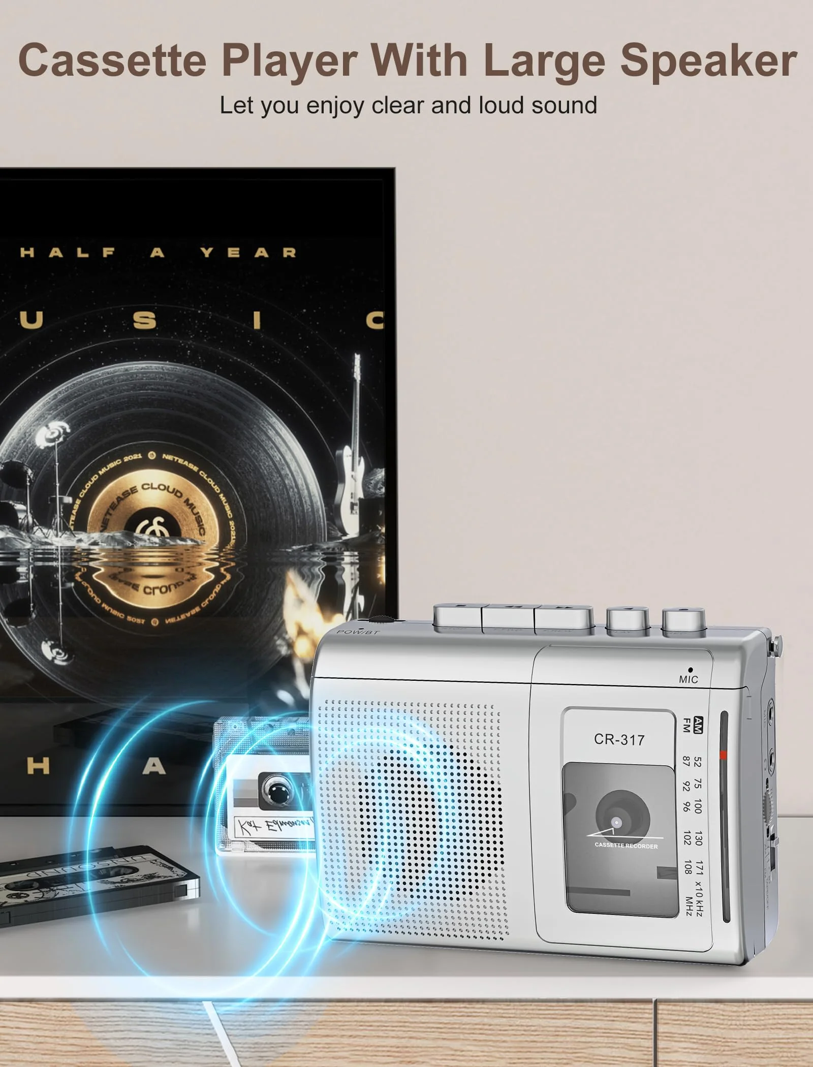 Cassette Player Recorder with Bluetooth Transmitter Walkman, Portable AM FM Cassette Player with Big Speaker, Stereo Earphone Jack, Support Microphone Recording, 2AA Battery or USB Power for Home Silver - Image 6