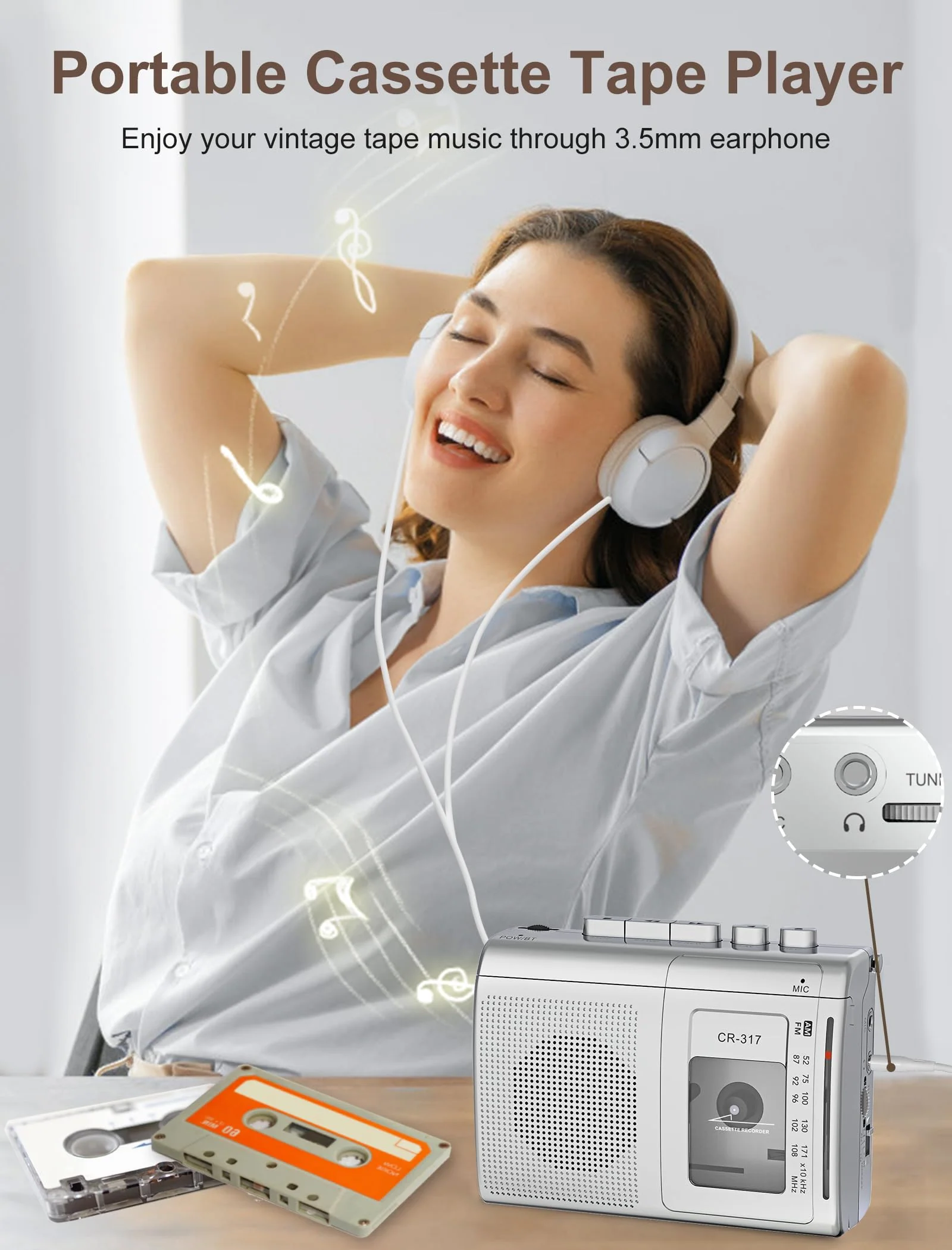 Cassette Player Recorder with Bluetooth Transmitter Walkman, Portable AM FM Cassette Player with Big Speaker, Stereo Earphone Jack, Support Microphone Recording, 2AA Battery or USB Power for Home Silver - Image 8