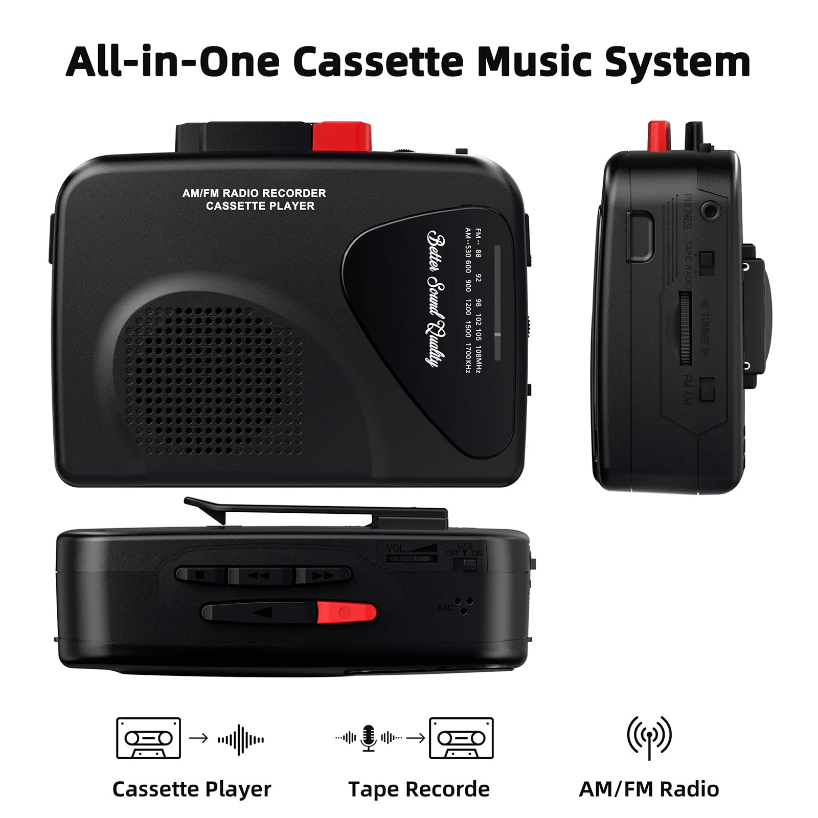 Cassette Player Tape Recorders AM/FM Radio, Portable Tape Player Records Built in Speakers Manual Record - 2AA Battery Or DC 5V Supply with 3.5MM Earphone- Black - Image 2