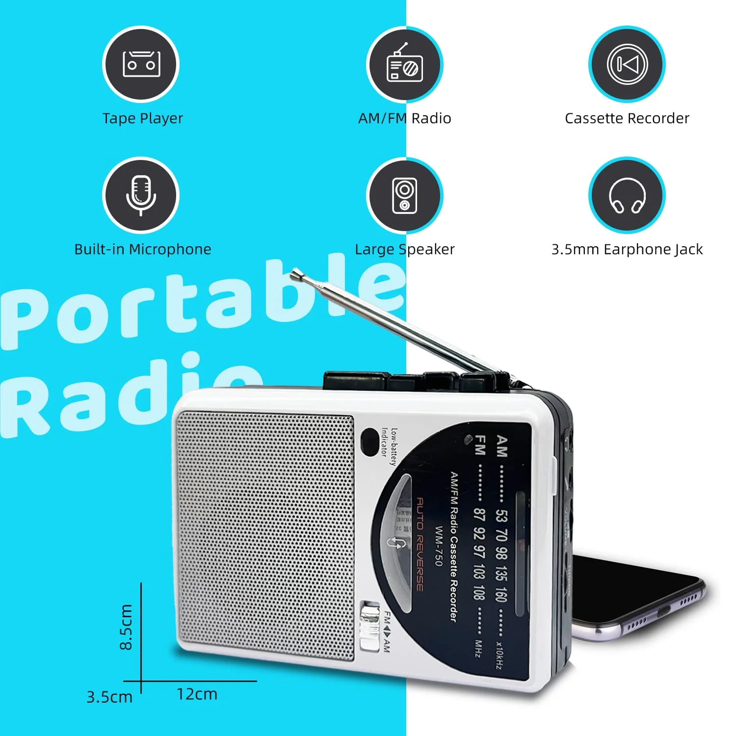 Cassette Tape Player, Cassette Recorder with Automatic Rewind, AM/FM Battery Powered Radio with 3.5MM Headphone Jack, Big Speaker, Microphone Jack, Powered by DC or AA Battery (White) - Image 2