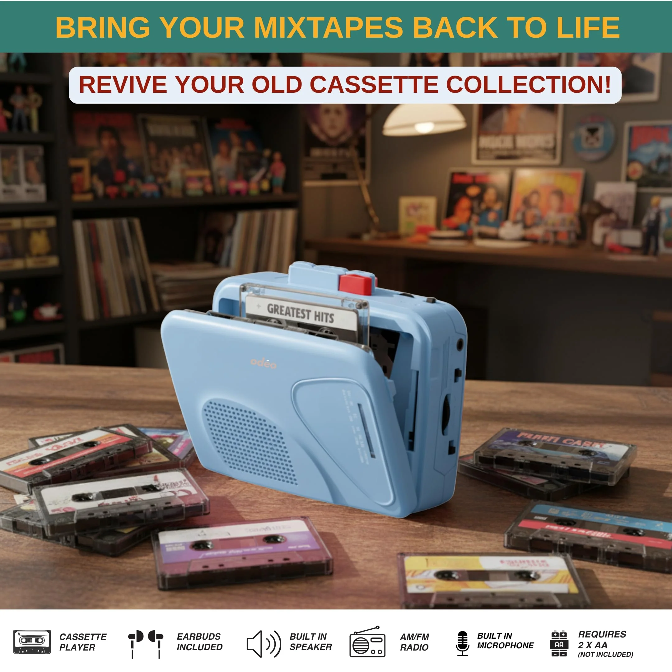 Cassette Tape Player | Portable Battery Operated | Radios Portable AM FM with Built-in Speaker, Tape Voice Recorder, VAS, Aux In Port | Includes Wired Earbuds for Music and Travel BLUE - Image 2