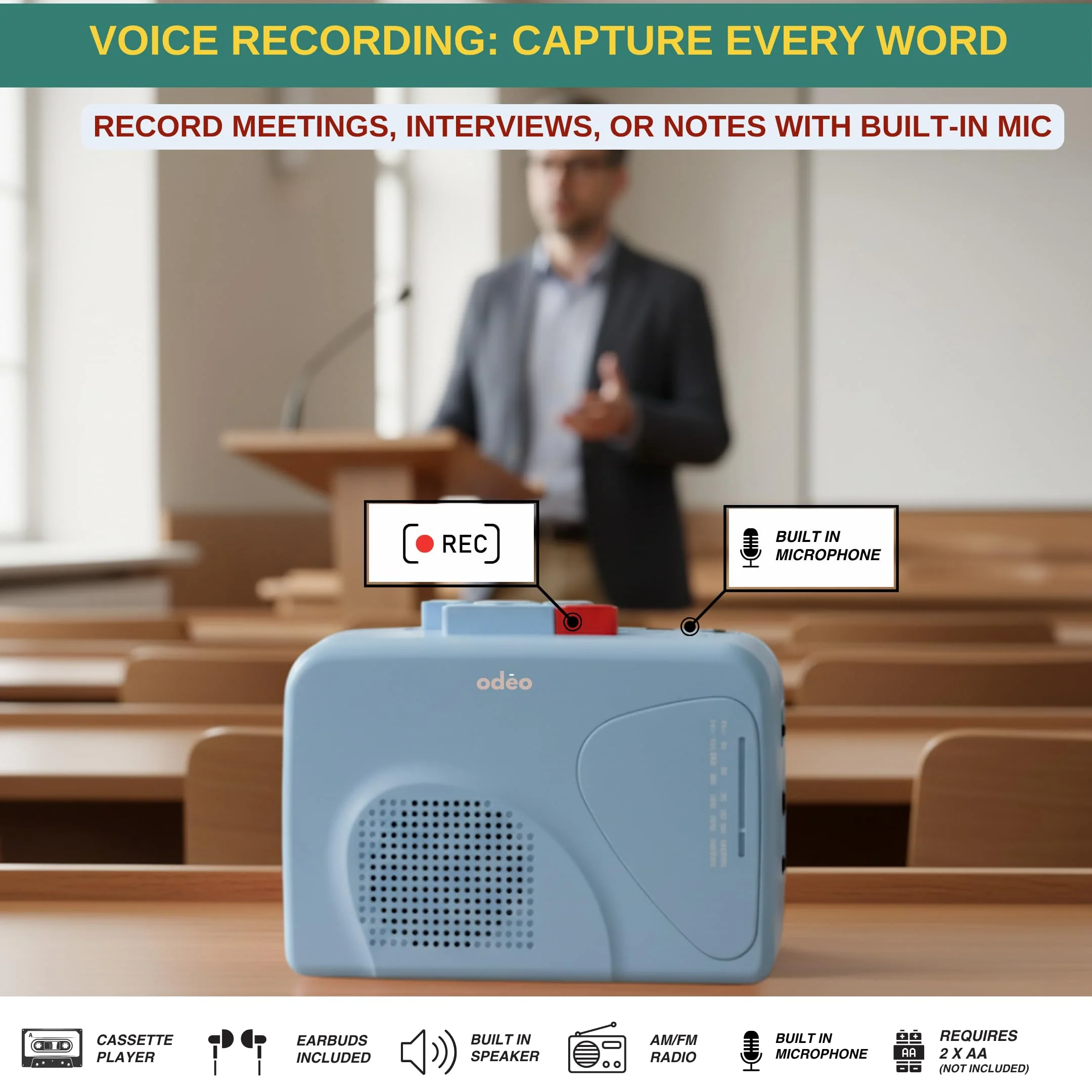 Cassette Tape Player | Portable Battery Operated | Radios Portable AM FM with Built-in Speaker, Tape Voice Recorder, VAS, Aux In Port | Includes Wired Earbuds for Music and Travel BLUE - Image 5