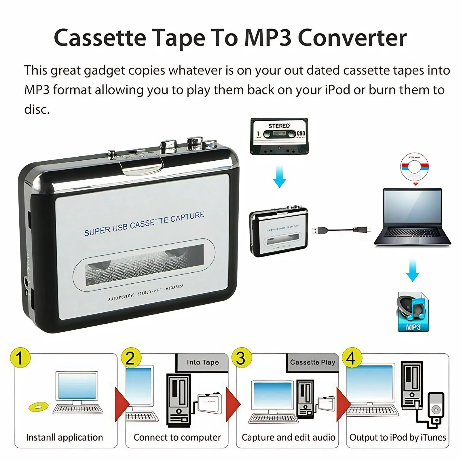 Cassette to MP3 Converter with USB Power Supply, Plug and Play Tape Player for MP3 Conversion, Includes Audacity Software - Image 2