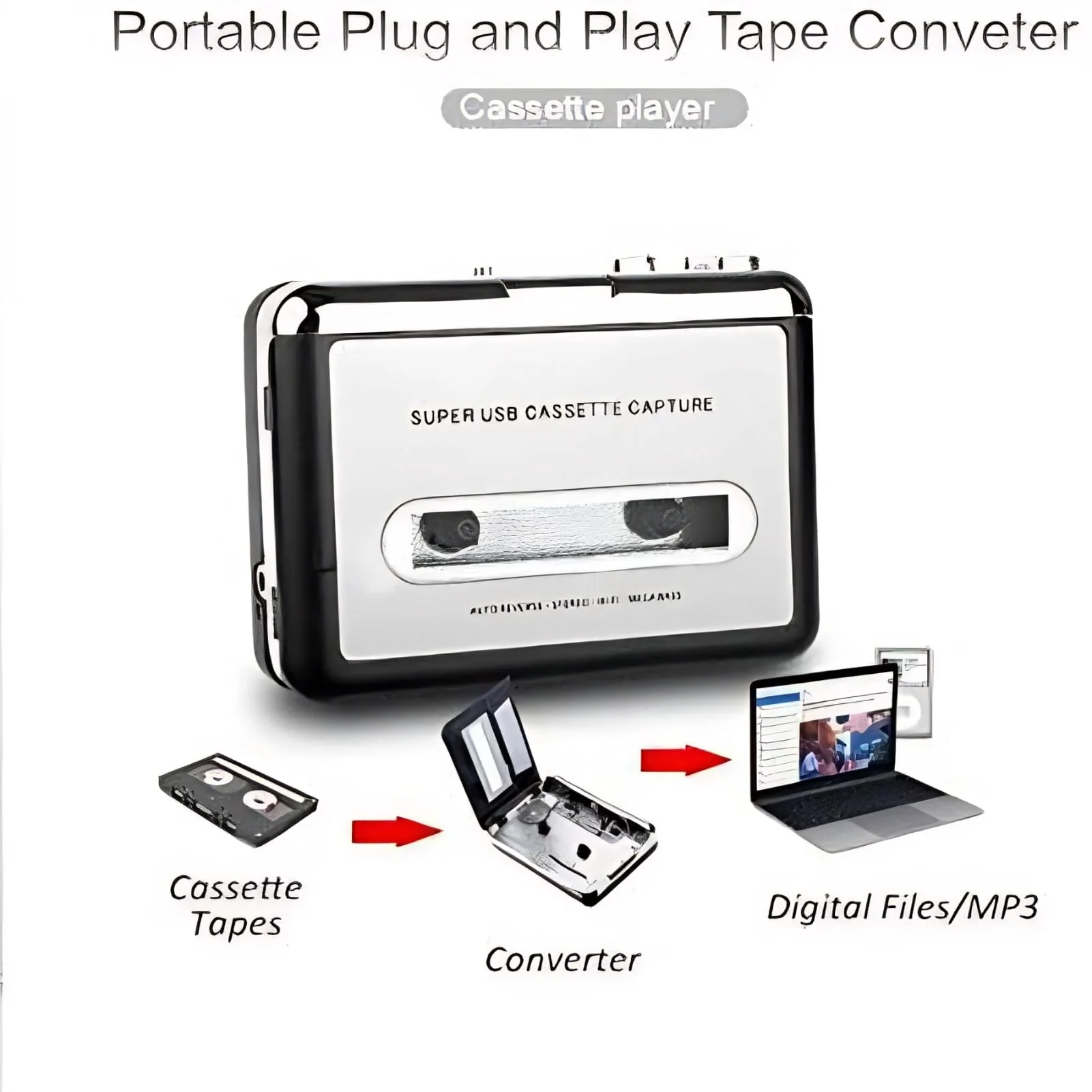 Cassette to MP3 Converter with USB Power Supply, Plug and Play Tape Player for MP3 Conversion, Includes Audacity Software - Image 4