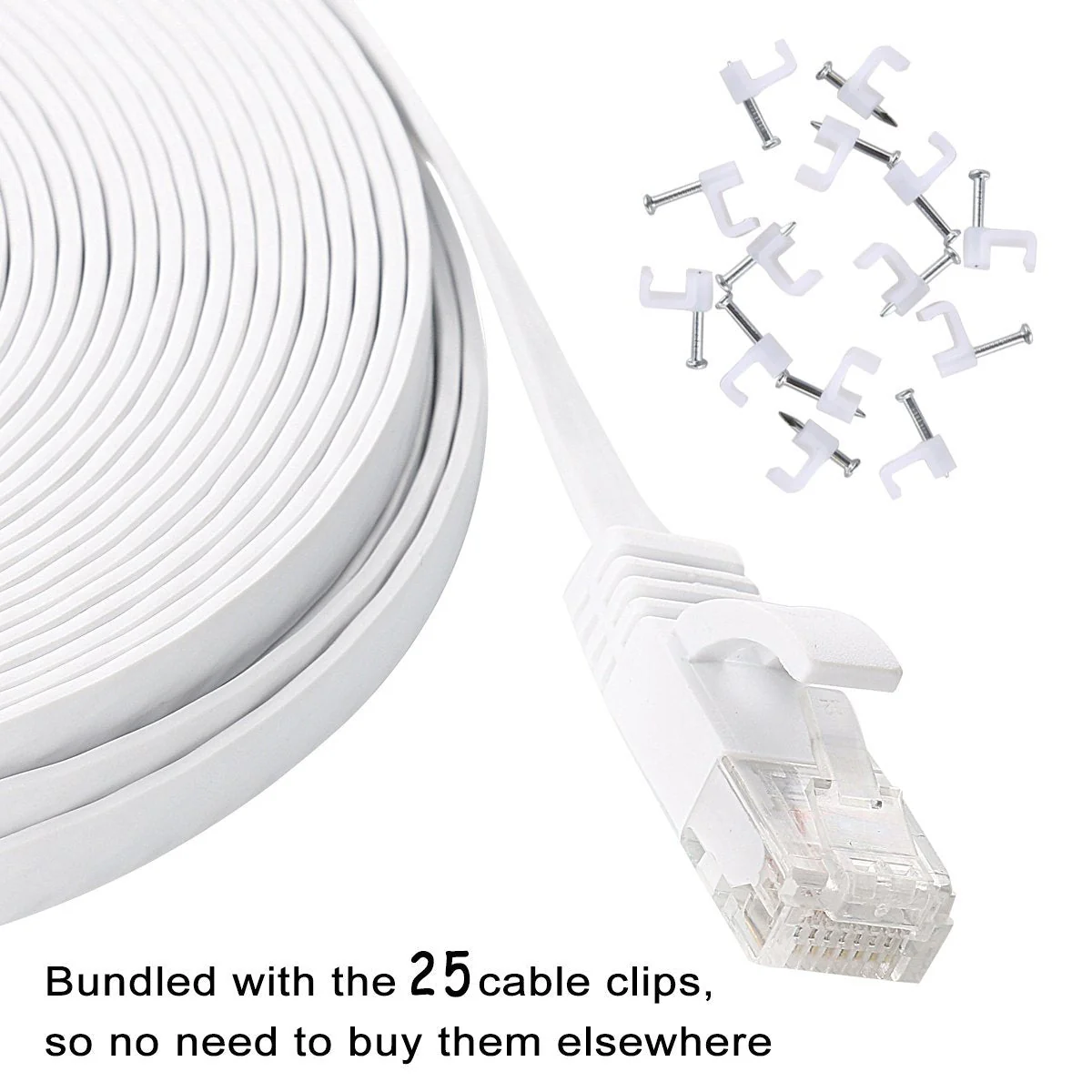 Cat 6 Ethernet Cable 100 ft Flat White, Slim Long Internet Network Lan patch cords, Solid Cat6 High Speed Computer wire with clips & Rj45 Connectors for Router, modem, faster than Cat5e/Cat5, 100 feet 100ft-1Pack - Image 3