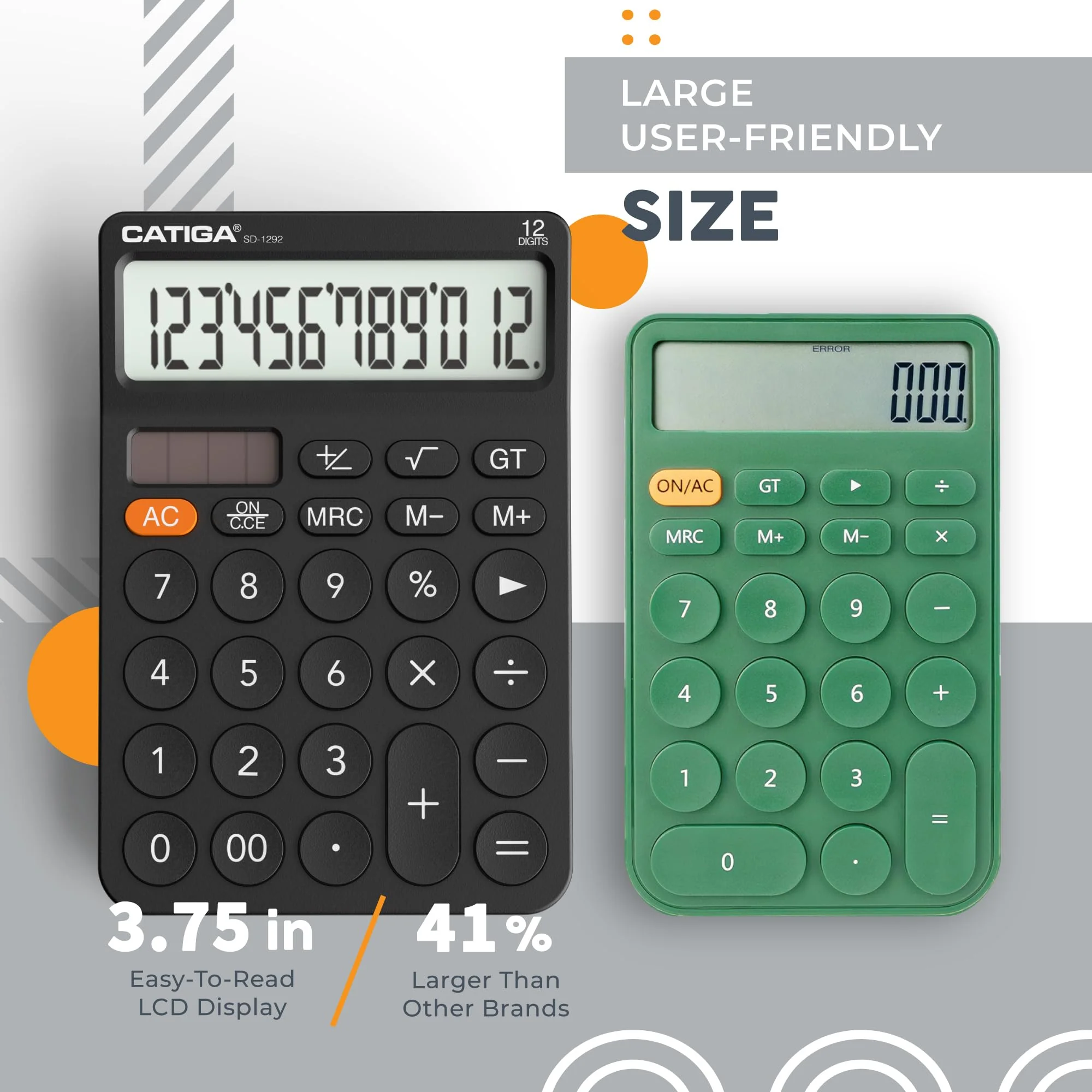CATIGA 12 Digit Desktop Calculator with Large LCD Display, 4 Funtions Calculator, Round Design Big Button, Solar and Battery Dual Power, Standard Function for Office, Home, School, SD-1292 1) Black - Image 2