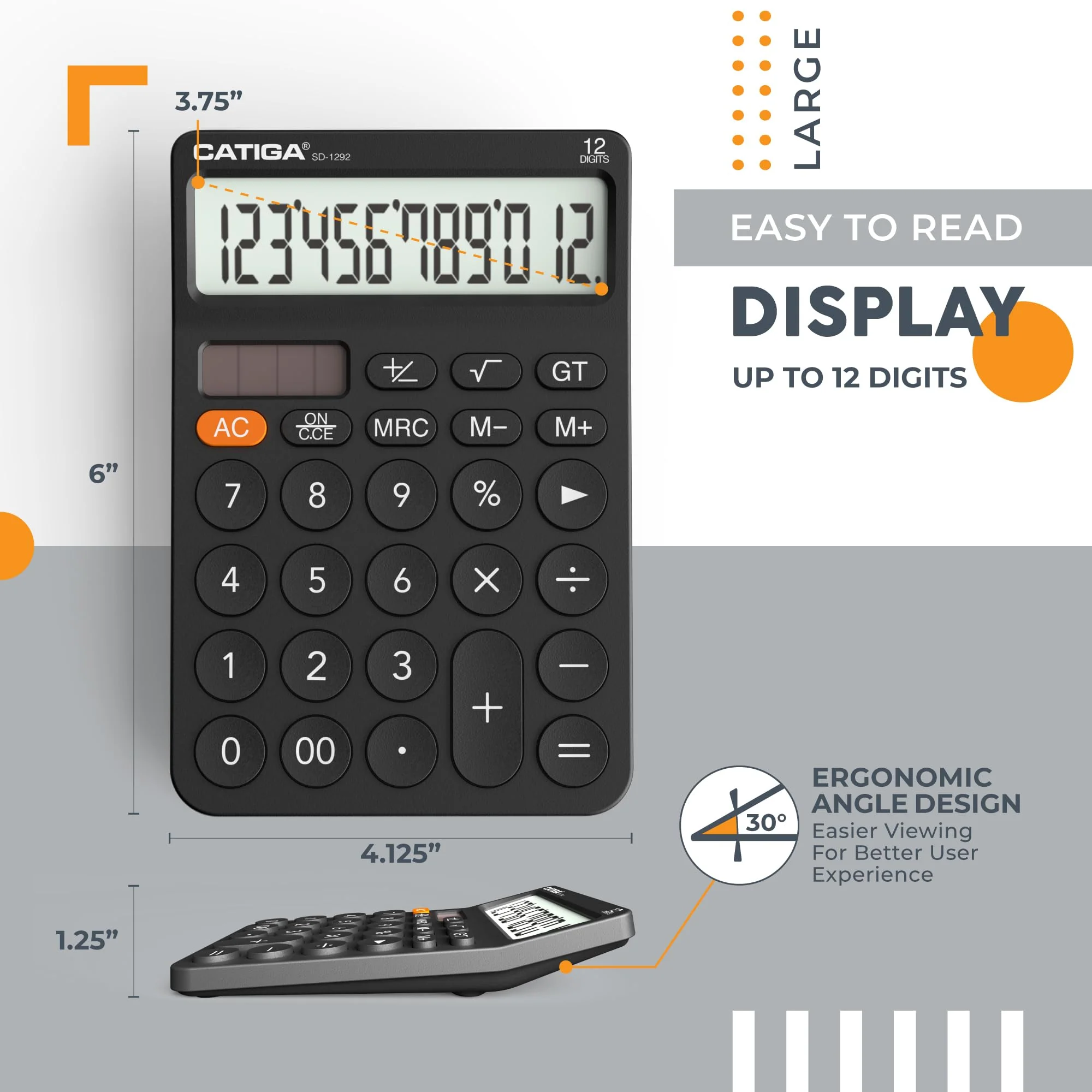 CATIGA 12 Digit Desktop Calculator with Large LCD Display, 4 Funtions Calculator, Round Design Big Button, Solar and Battery Dual Power, Standard Function for Office, Home, School, SD-1292 1) Black - Image 3