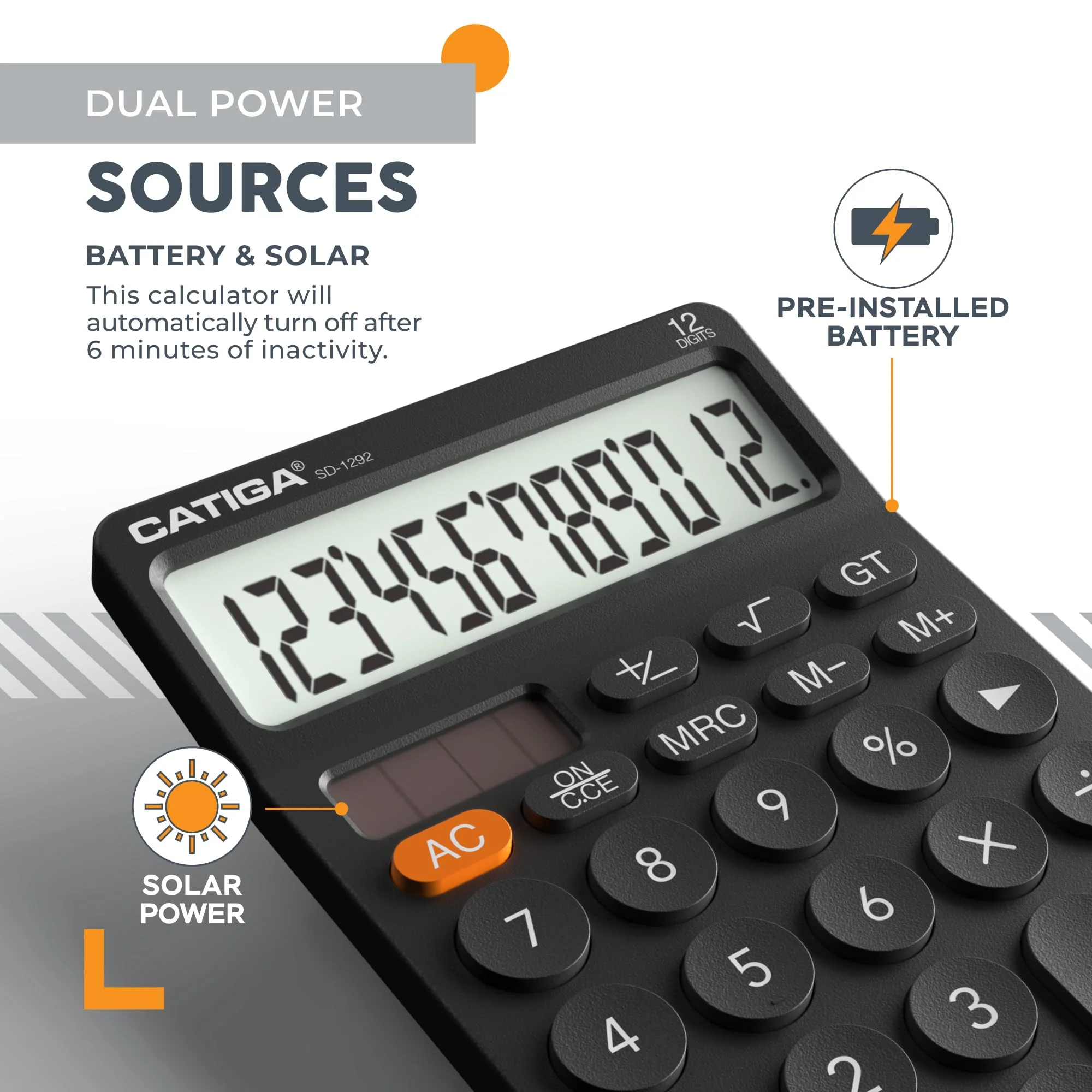 CATIGA 12 Digit Desktop Calculator with Large LCD Display, 4 Funtions Calculator, Round Design Big Button, Solar and Battery Dual Power, Standard Function for Office, Home, School, SD-1292 1) Black - Image 4