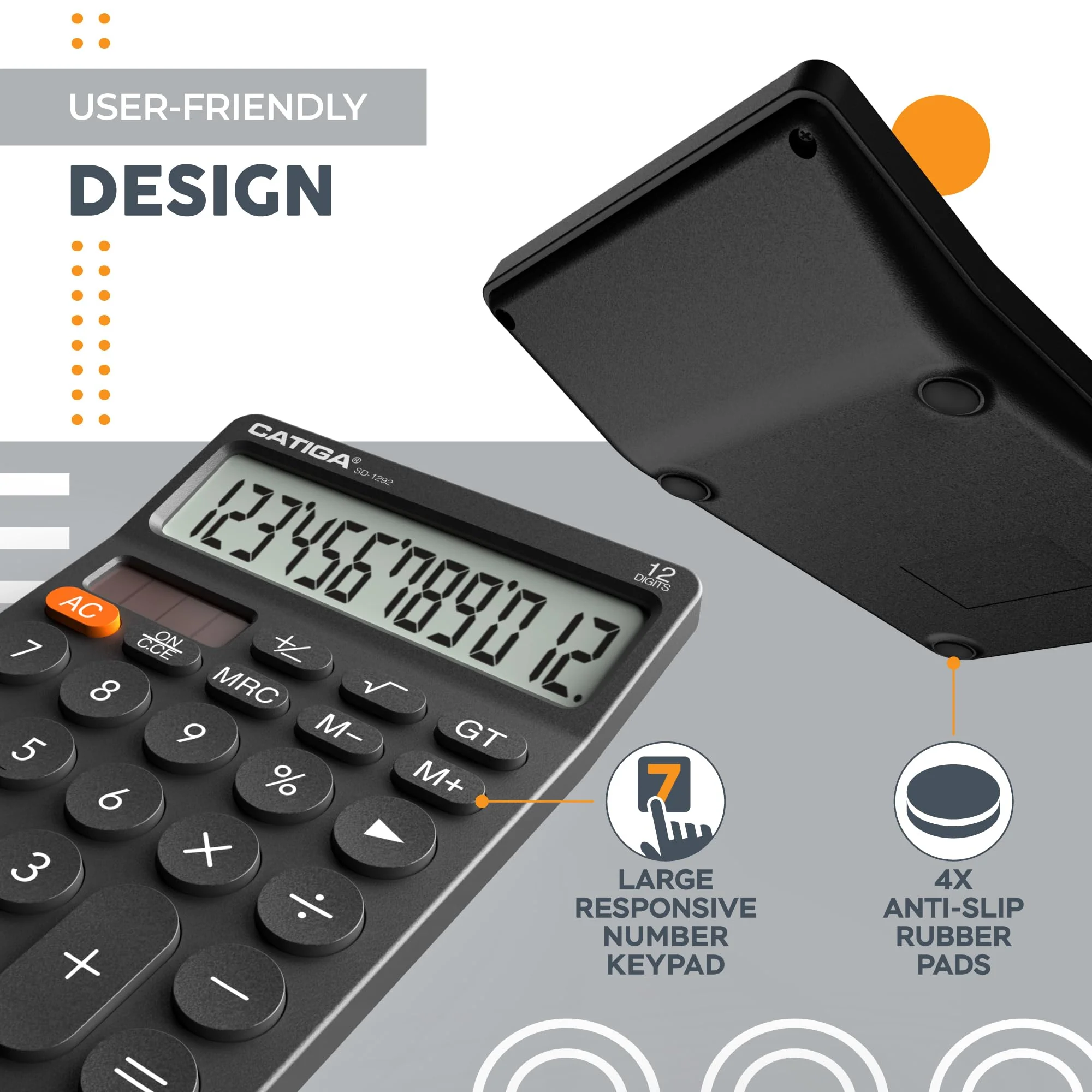 CATIGA 12 Digit Desktop Calculator with Large LCD Display, 4 Funtions Calculator, Round Design Big Button, Solar and Battery Dual Power, Standard Function for Office, Home, School, SD-1292 1) Black - Image 5