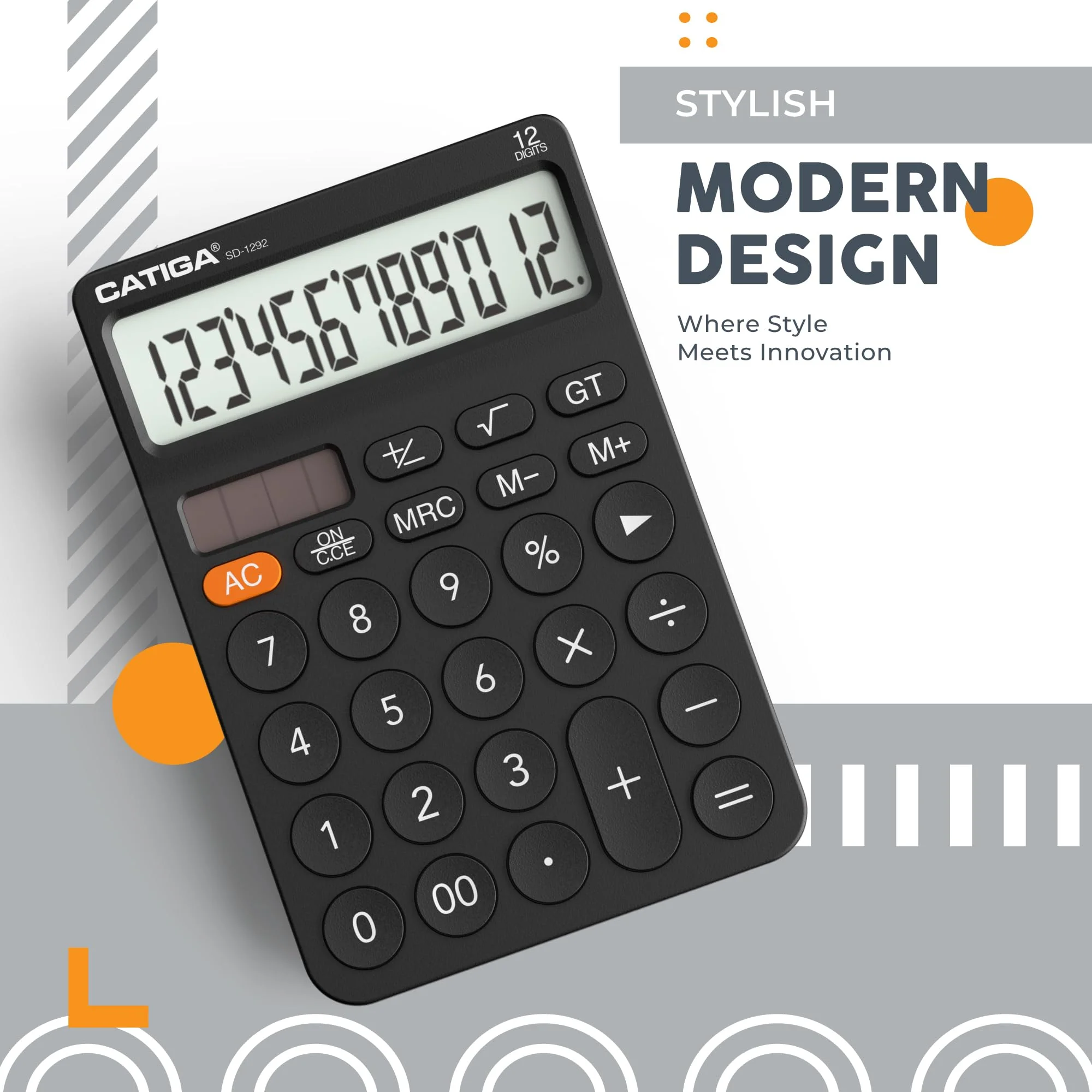 CATIGA 12 Digit Desktop Calculator with Large LCD Display, 4 Funtions Calculator, Round Design Big Button, Solar and Battery Dual Power, Standard Function for Office, Home, School, SD-1292 1) Black - Image 6