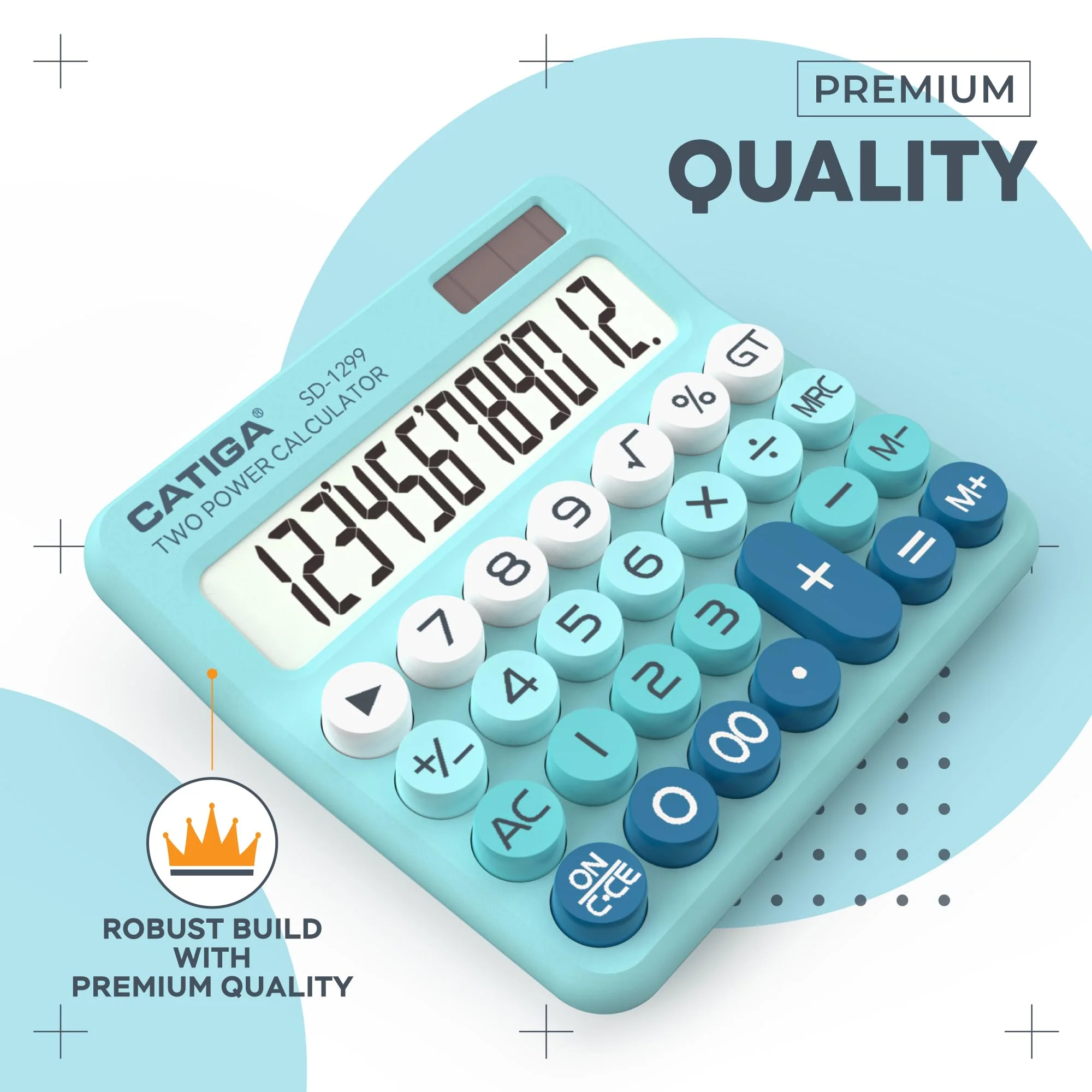 CATIGA Mechanical Switch Calculator with Solar and Battery Dual Power, 12-Digit Large LCD Display, Aesthetic and Cute Desktop Calculator with Big Button, for Home, School and Office Use, SD-1299 Aqua Blue - Image 2