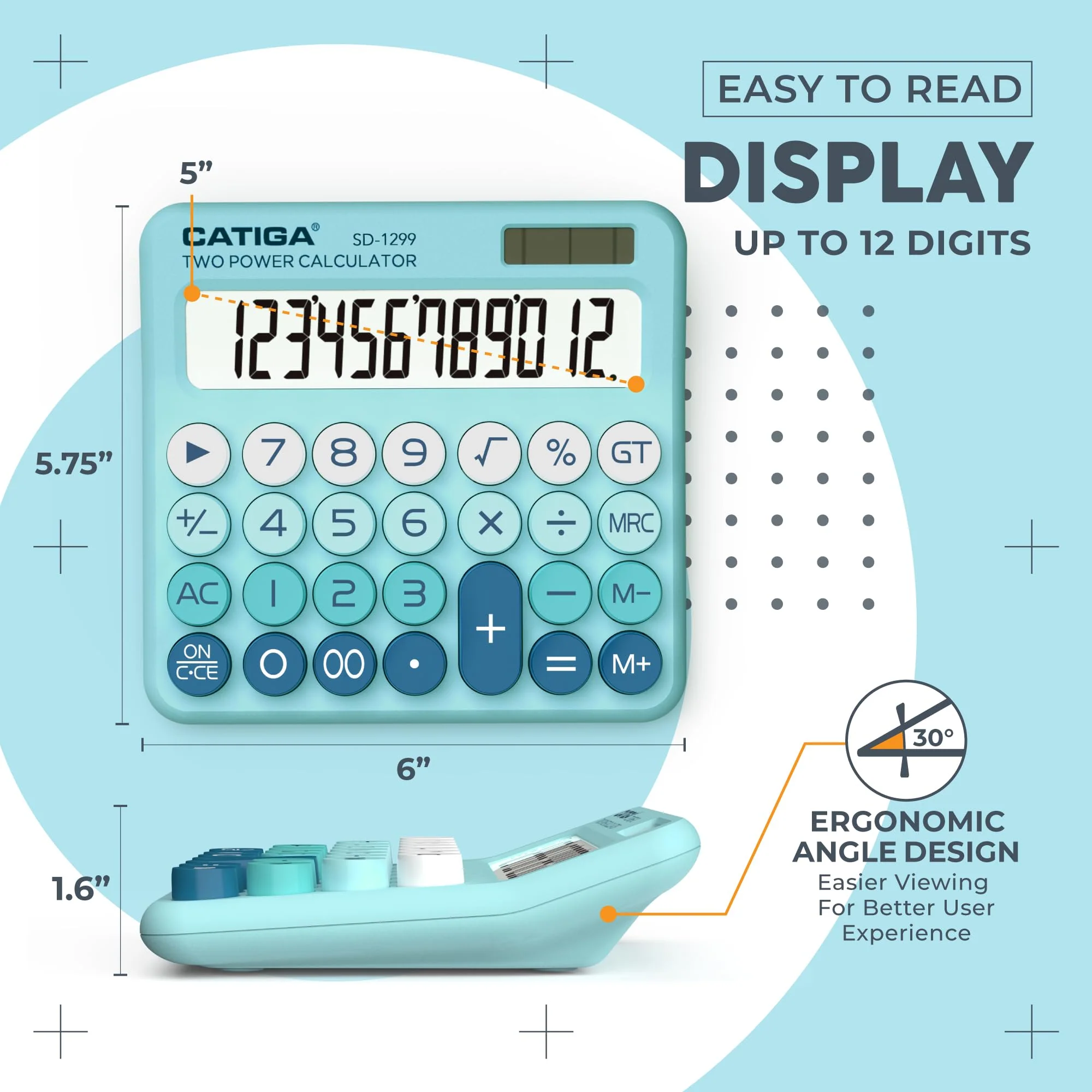 CATIGA Mechanical Switch Calculator with Solar and Battery Dual Power, 12-Digit Large LCD Display, Aesthetic and Cute Desktop Calculator with Big Button, for Home, School and Office Use, SD-1299 Aqua Blue - Image 3