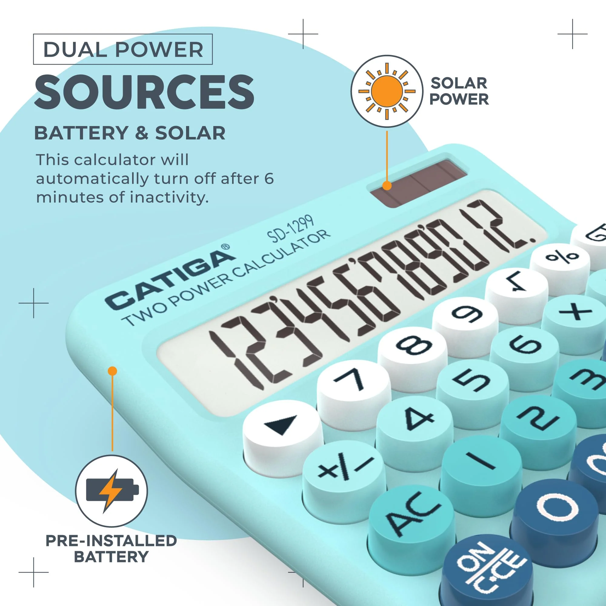 CATIGA Mechanical Switch Calculator with Solar and Battery Dual Power, 12-Digit Large LCD Display, Aesthetic and Cute Desktop Calculator with Big Button, for Home, School and Office Use, SD-1299 Aqua Blue - Image 4