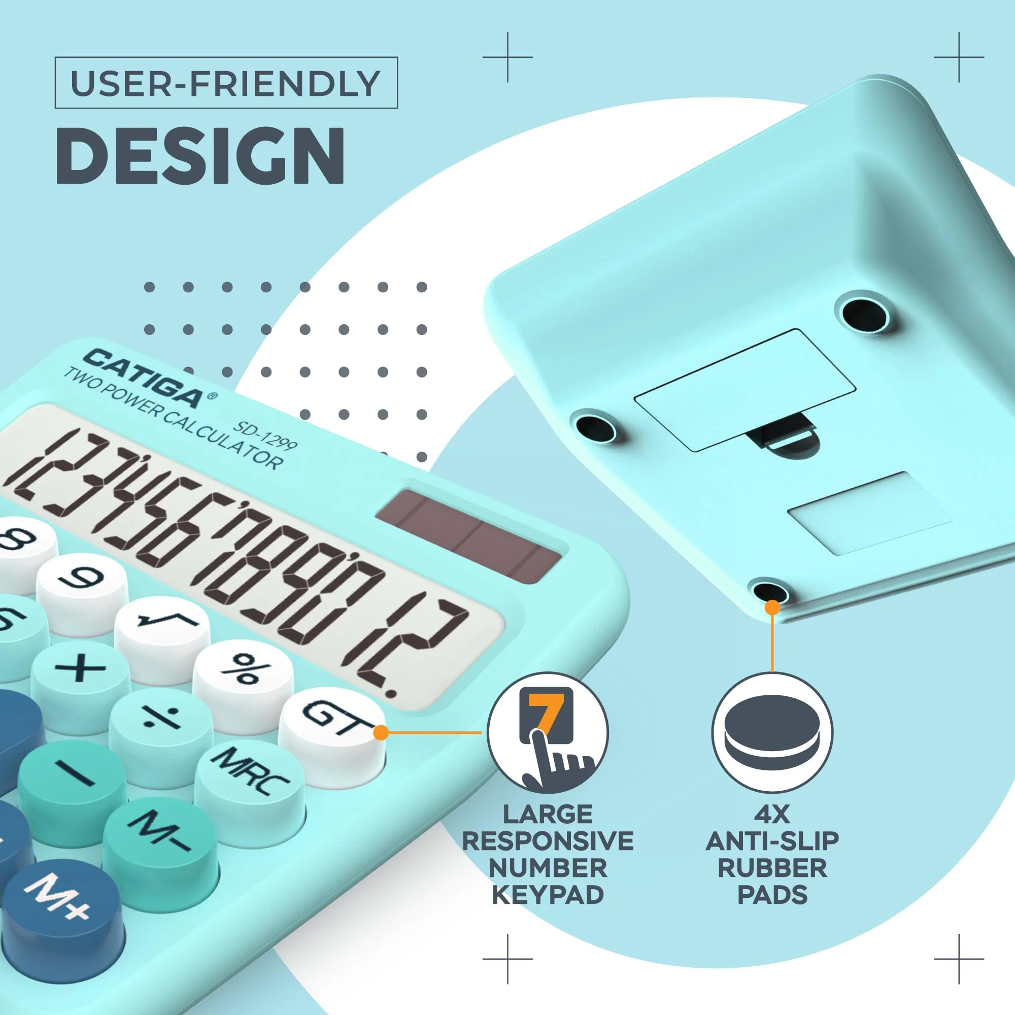 CATIGA Mechanical Switch Calculator with Solar and Battery Dual Power, 12-Digit Large LCD Display, Aesthetic and Cute Desktop Calculator with Big Button, for Home, School and Office Use, SD-1299 Aqua Blue - Image 5