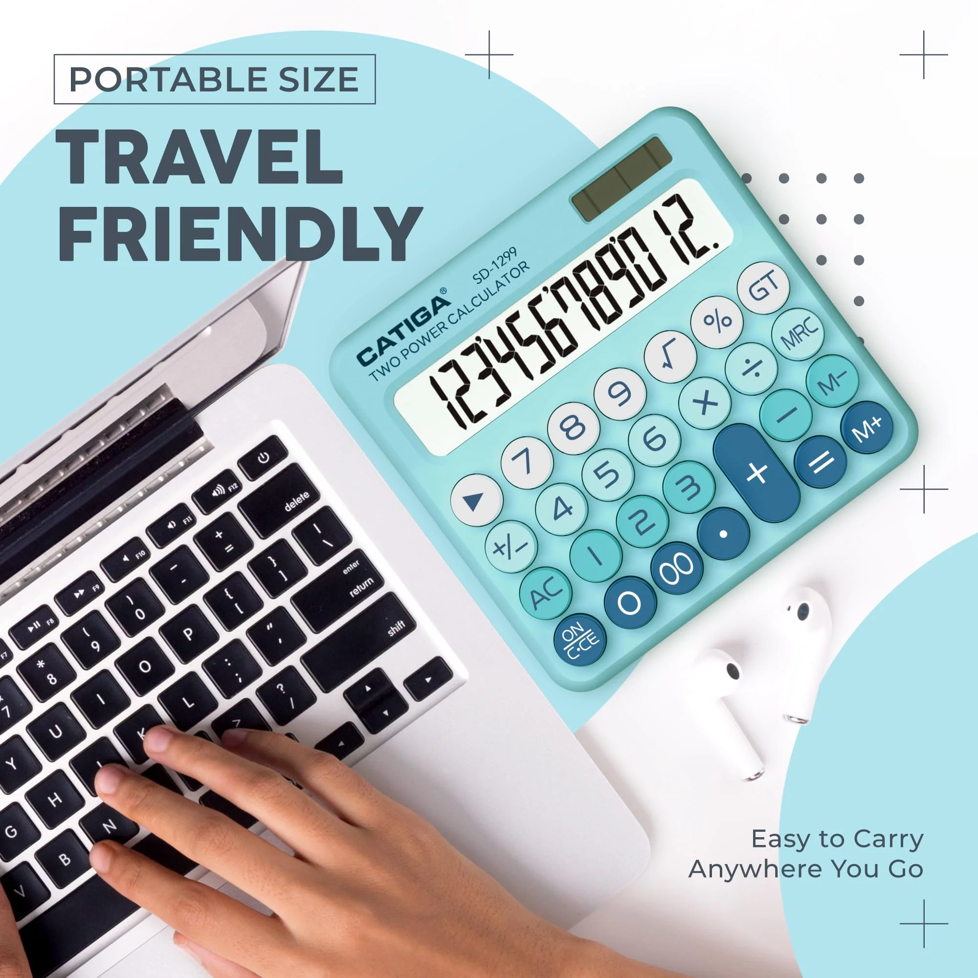 CATIGA Mechanical Switch Calculator with Solar and Battery Dual Power, 12-Digit Large LCD Display, Aesthetic and Cute Desktop Calculator with Big Button, for Home, School and Office Use, SD-1299 Aqua Blue - Image 6