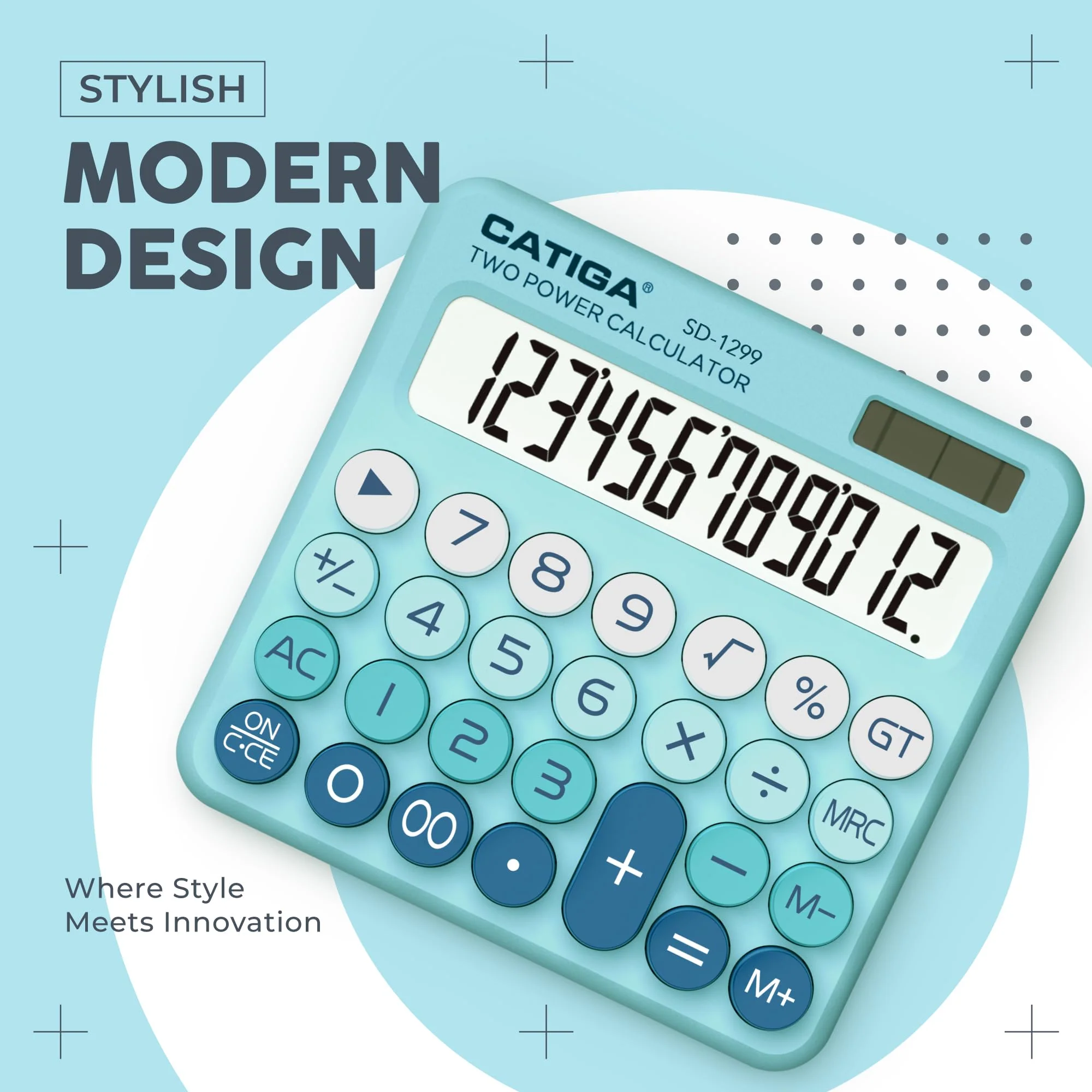 CATIGA Mechanical Switch Calculator with Solar and Battery Dual Power, 12-Digit Large LCD Display, Aesthetic and Cute Desktop Calculator with Big Button, for Home, School and Office Use, SD-1299 Aqua Blue - Image 7