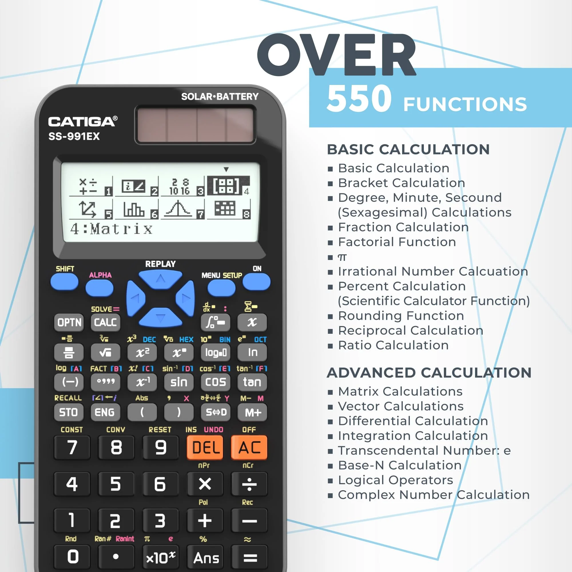 CATIGA SS-991EX Scientific Calculator with Advanced 550 Functions- Solar & Battery Powered, Multi-Function, High School & College Math, Trigonometry, Statistics, Algebra, Durable, Large Display - Image 2