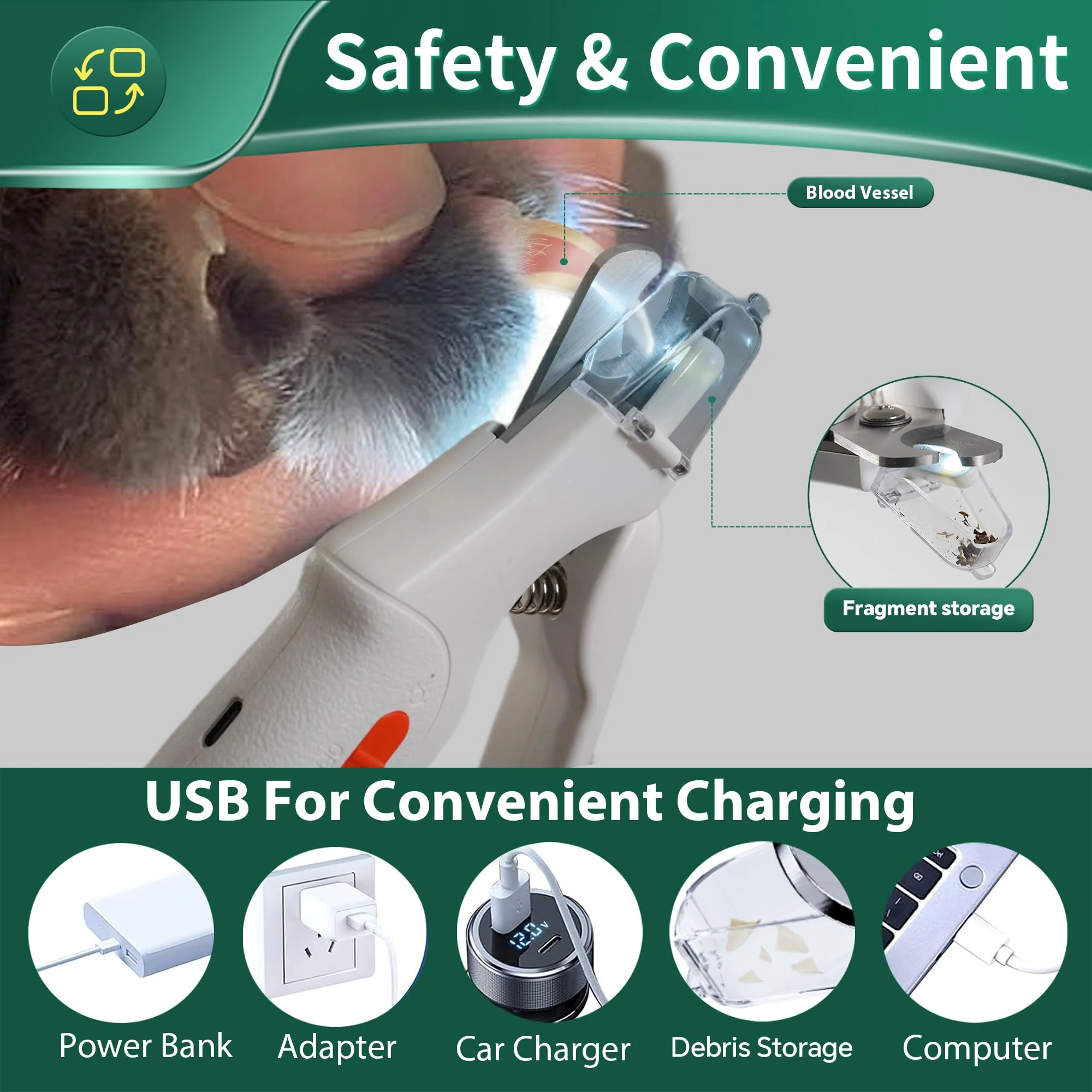 CATPICK 2-in-1 Cat Nail Clippers & Dog Nail Clippers Trimmers for Large Medium Small Dogs Cats Claw Trimmer Quick Sensor and Safety Guard USB Rechargeable with 2 LED Lights Dogs Nail Trimmer White 6th Generation - Image 5