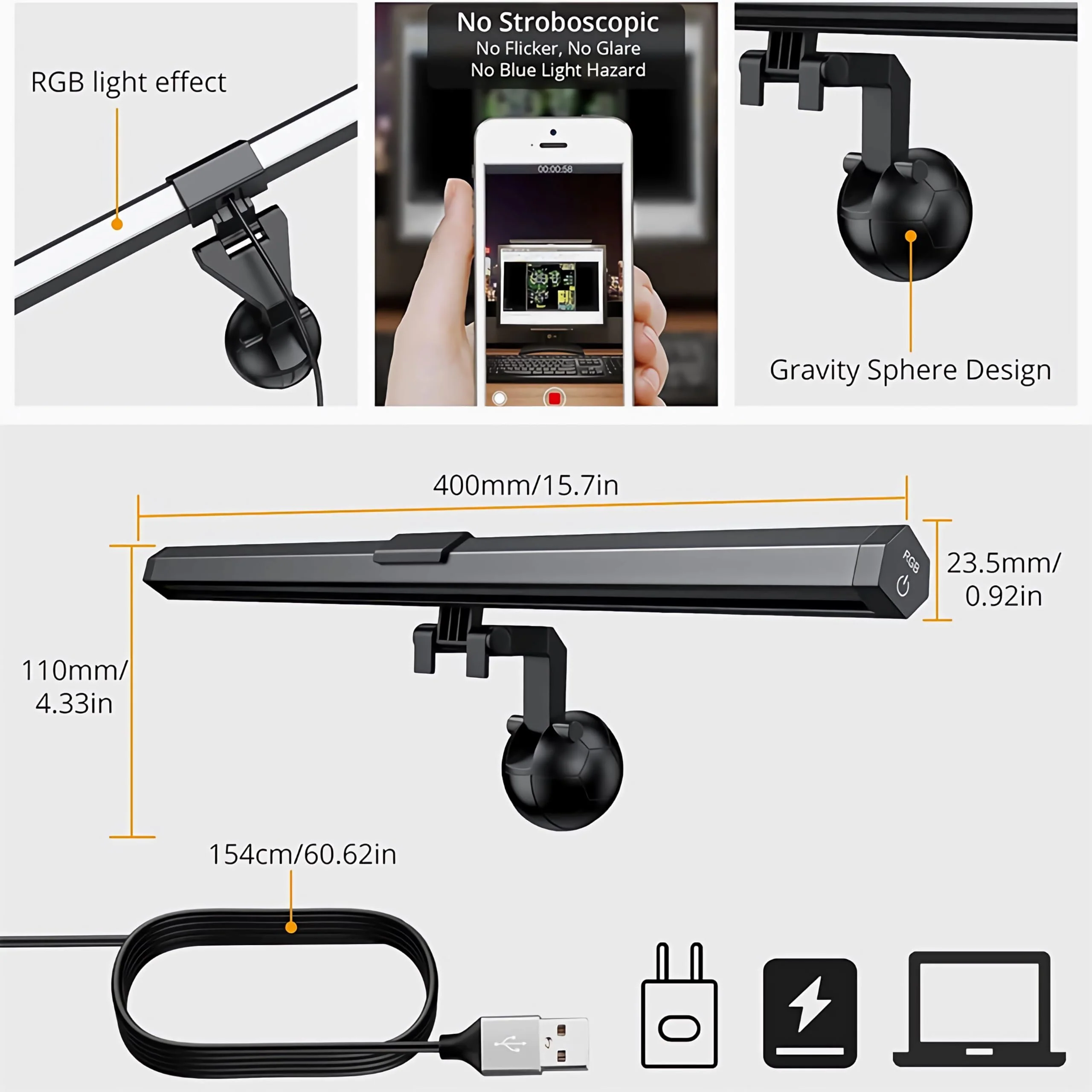 CATPOWER Computer Monitor Light Bar with RGB Backlight, Screen Monitor Lamp for Eye Caring, e-Reading LED Task Lamp with Stepless Adjustment, Touch Control, No Screen Glare Space Saving RGB Monitor Light Bar - Image 6