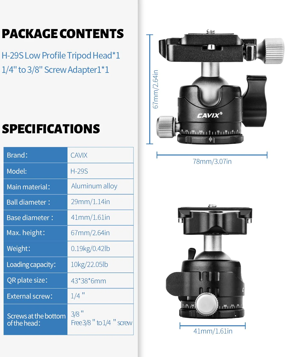 CAVIX Ball Head Mount with 1/4" Screw Arca Type Quick Release Plate 360 Degree Swivel Tripod Ball Head Loading 22lb/10kg HB29A - Image 2