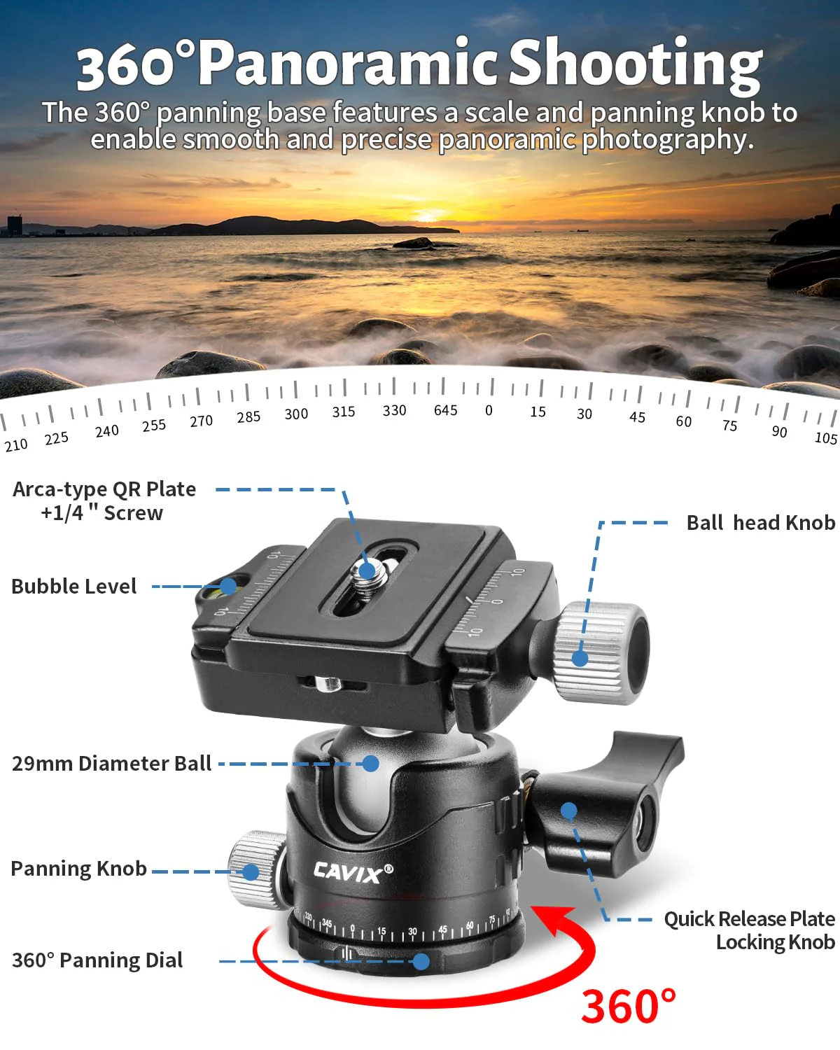 CAVIX Ball Head Mount with 1/4" Screw Arca Type Quick Release Plate 360 Degree Swivel Tripod Ball Head Loading 22lb/10kg HB29A - Image 3