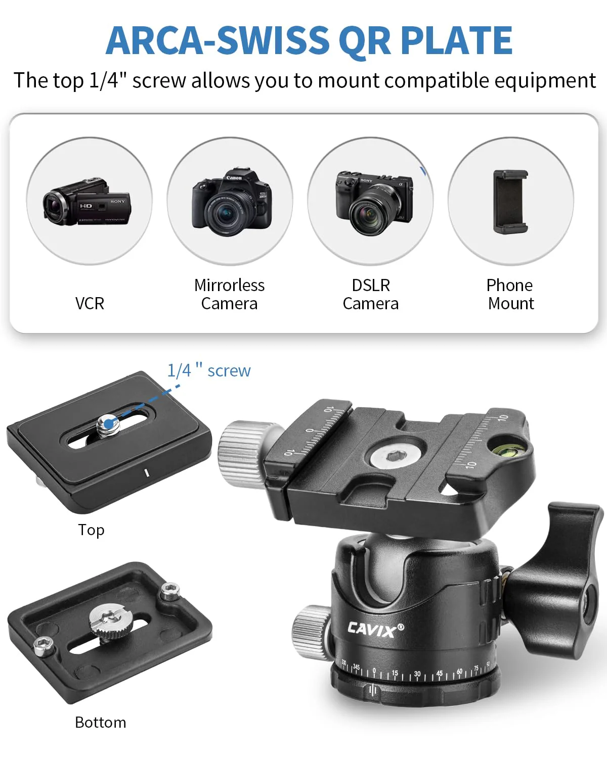 CAVIX Ball Head Mount with 1/4" Screw Arca Type Quick Release Plate 360 Degree Swivel Tripod Ball Head Loading 22lb/10kg HB29A - Image 6