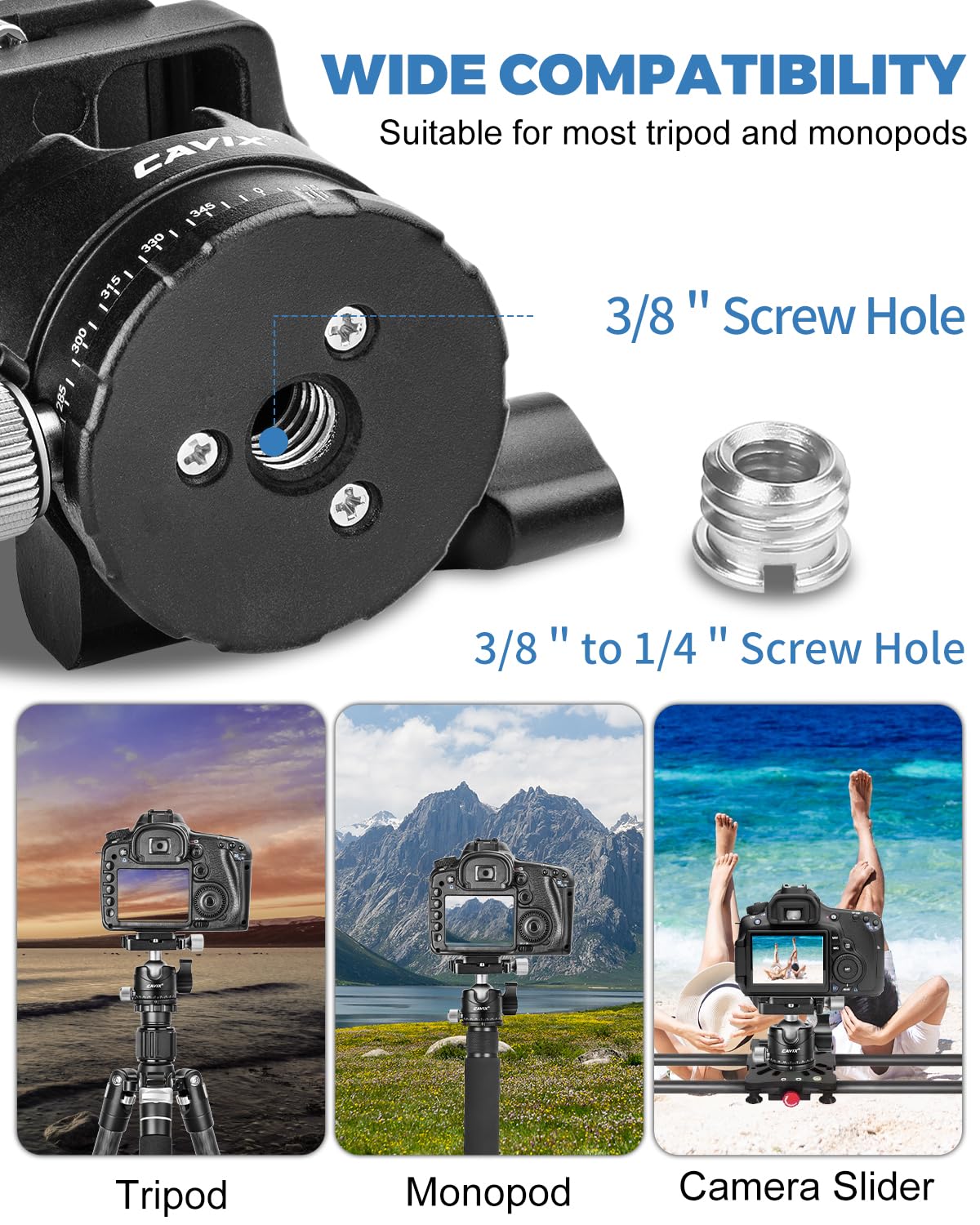 CAVIX Ball Head Mount with 1/4" Screw Arca Type Quick Release Plate 360 Degree Swivel Tripod Ball Head Loading 22lb/10kg HB29A - Image 7